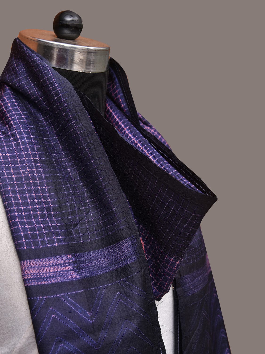 Dark Blue and Pink Shibori Silk Handloom Stole with Checks Design - Global Threads