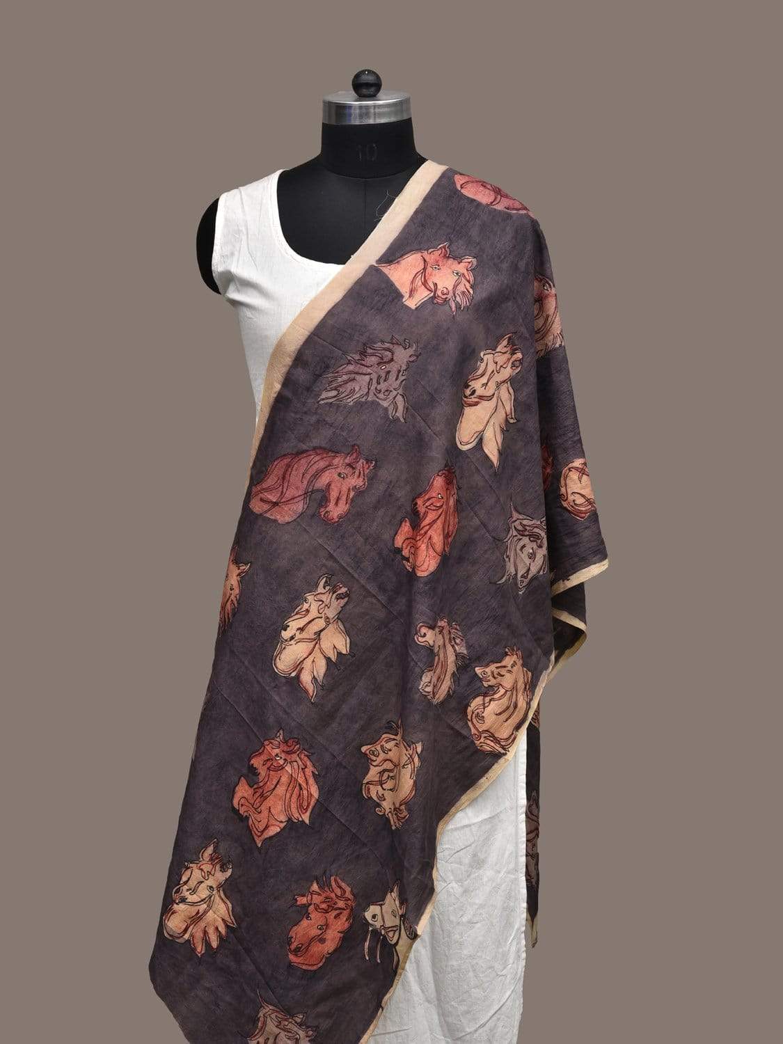 Dark Grey Kalamkari Hand Painted Silk Handloom Stole with Horses Design - Global Threads