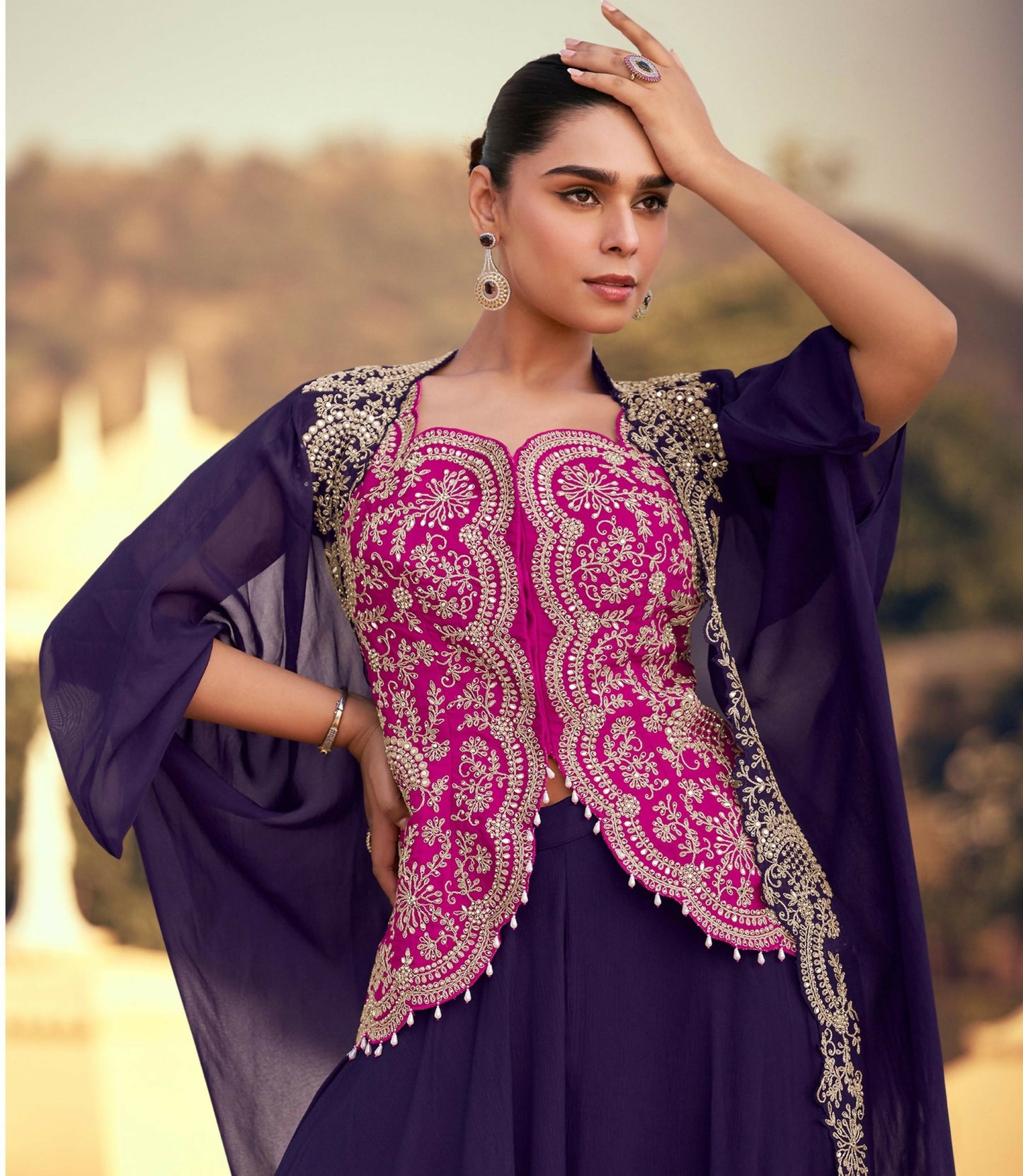 Anaita violet Chinon Readymade Shrug Suit with Heavy Embroidery Work
