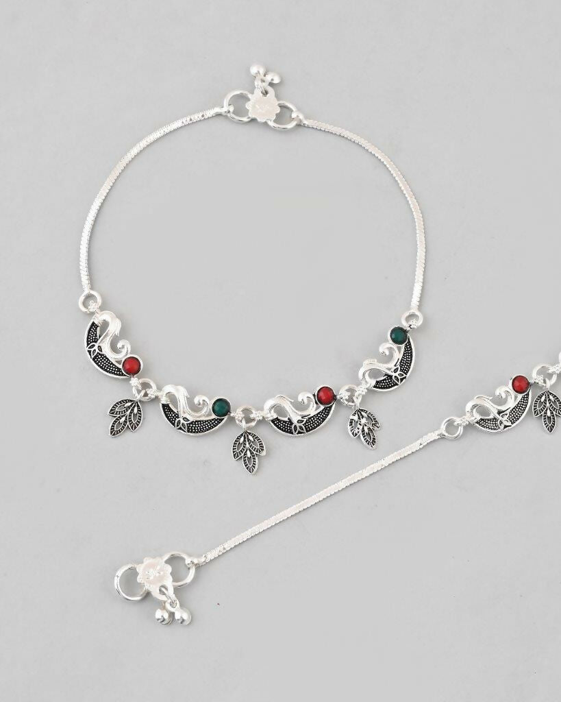 VOJ Set of 2 Silver Plated Meenakari Multi Color Anklet