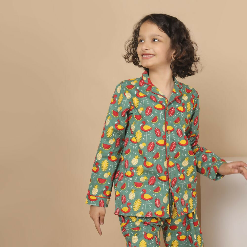 Breathables Kids Cotton Watermelon & Pineapple Print Night Suit – Green Full Sleeves Shirt & Pant Co-Ord Set | Nightwear