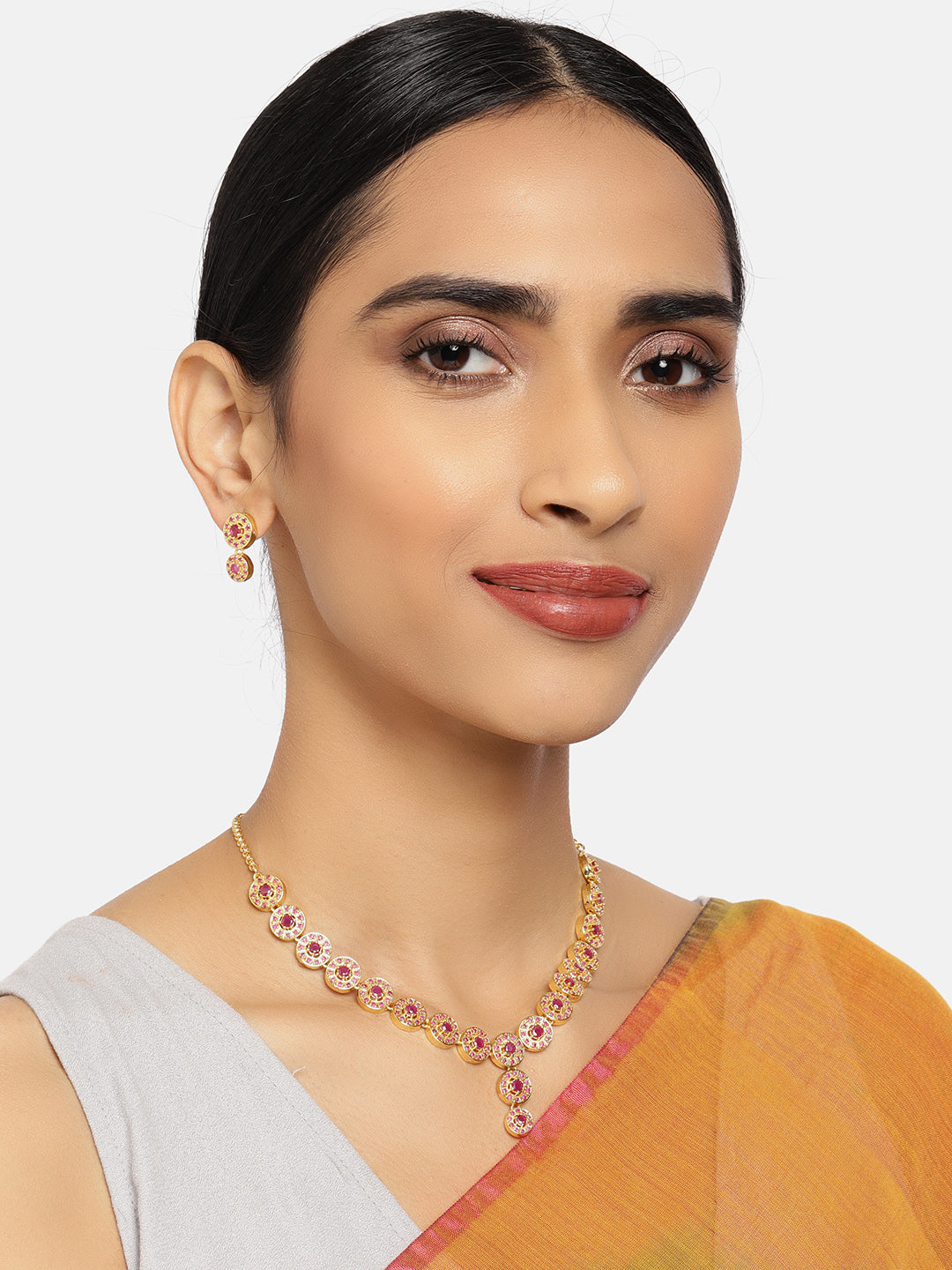 Zaveri Pearls Pink Gold-Polished Cubic Zirconia Studded Jewellery Set