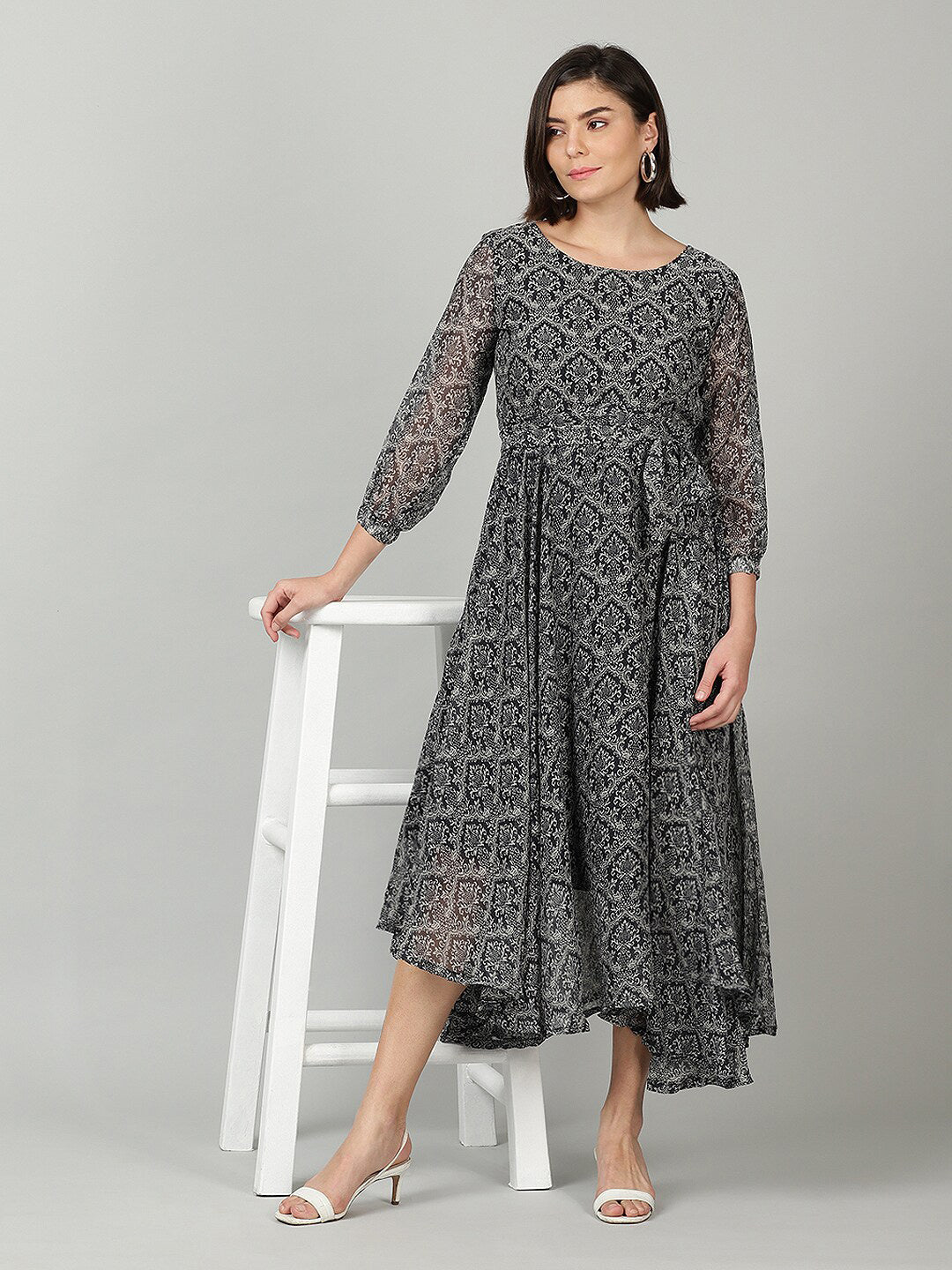 Souchii Women Grey & Black Ethnic Motifs Chiffon A-Line Midi Dress