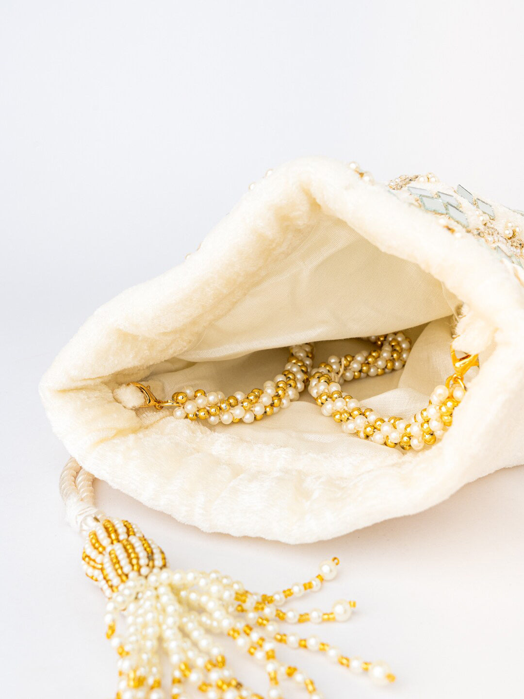 NR By Nidhi Rathi White Mirror Work Embroidered Potli Clutch
