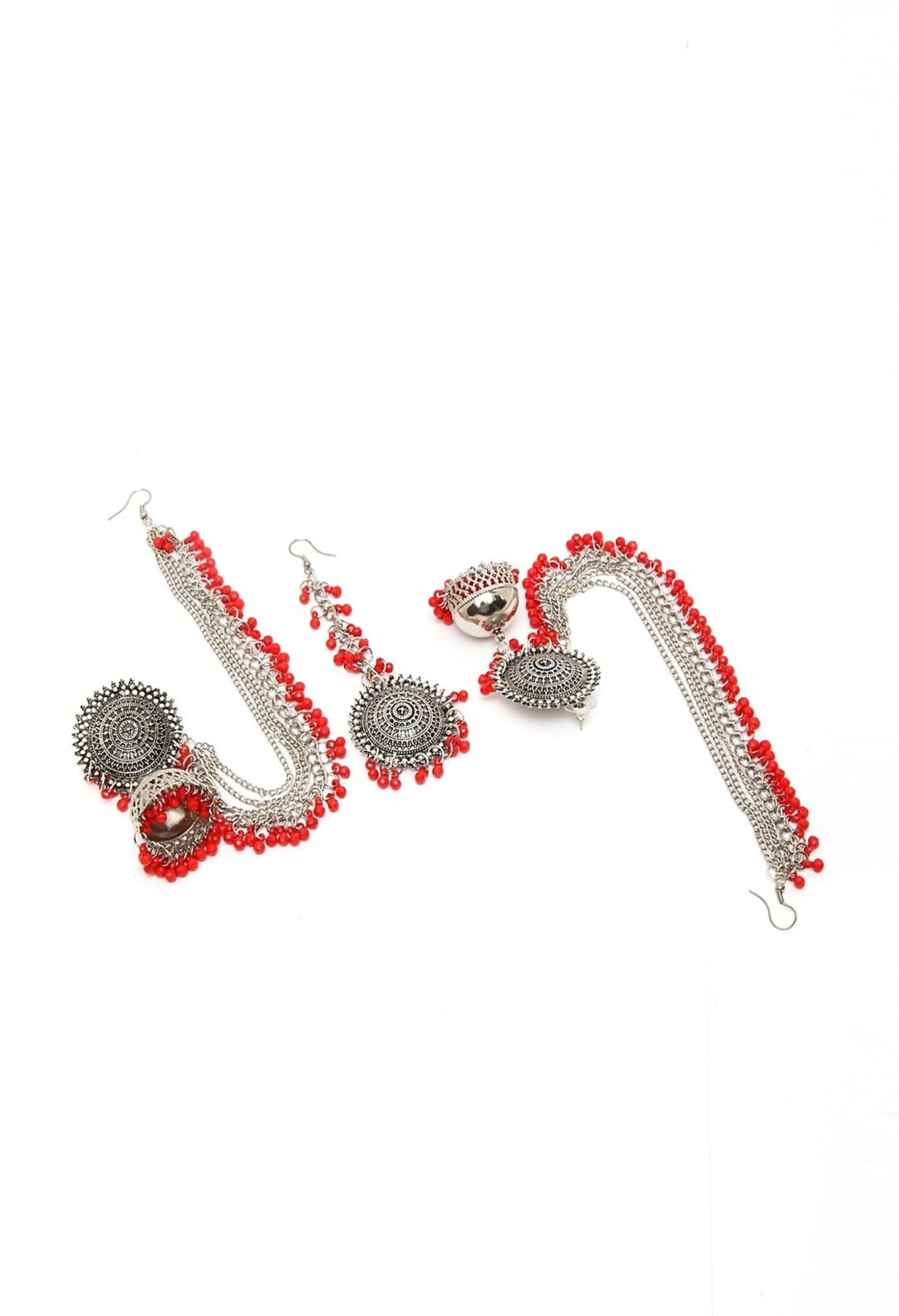 Mominos Fashion Johar Kamal Bahubali Red Beads Earrings With Tikka