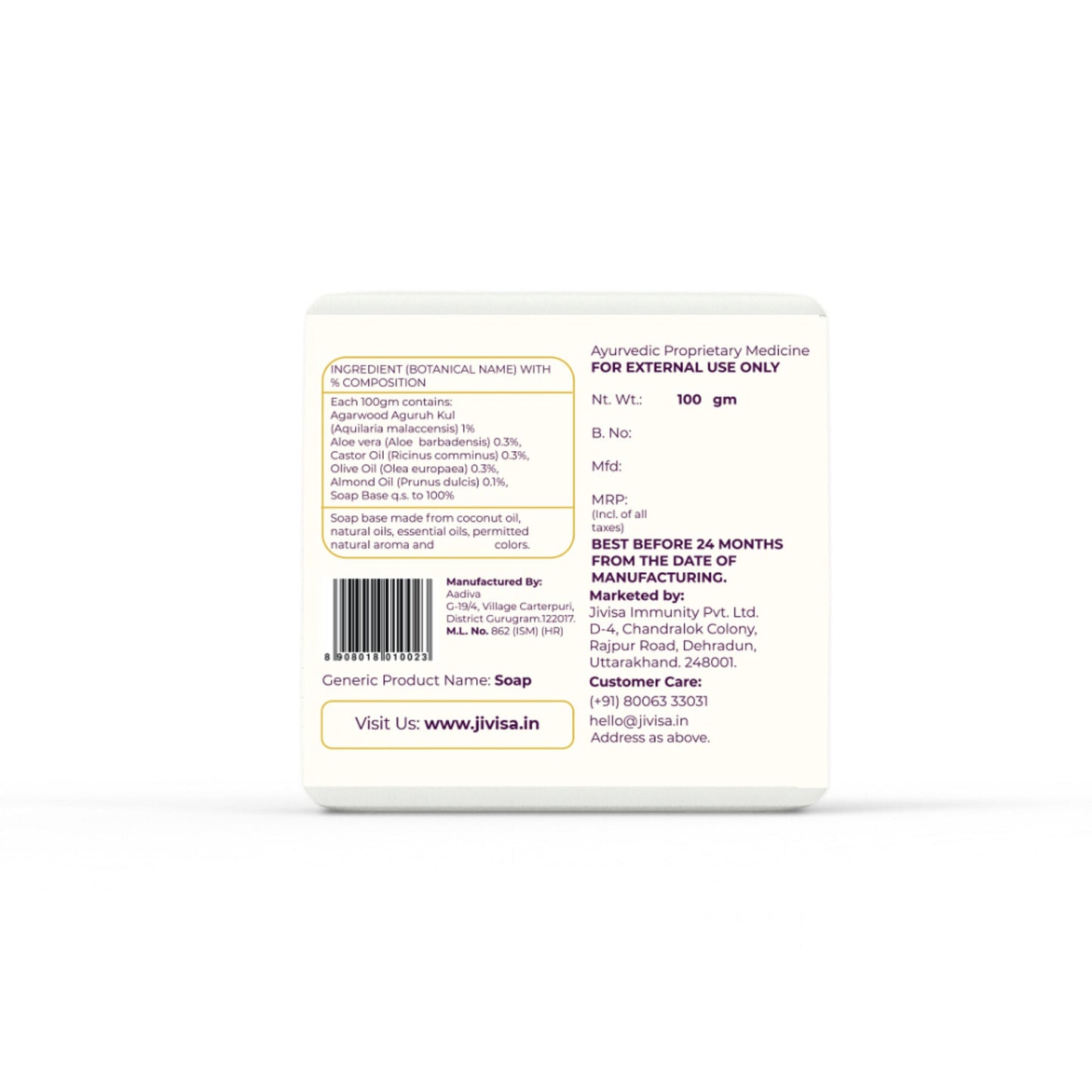 JiViSa Arabic Oudh Handcrafted Ayurvedic Soap