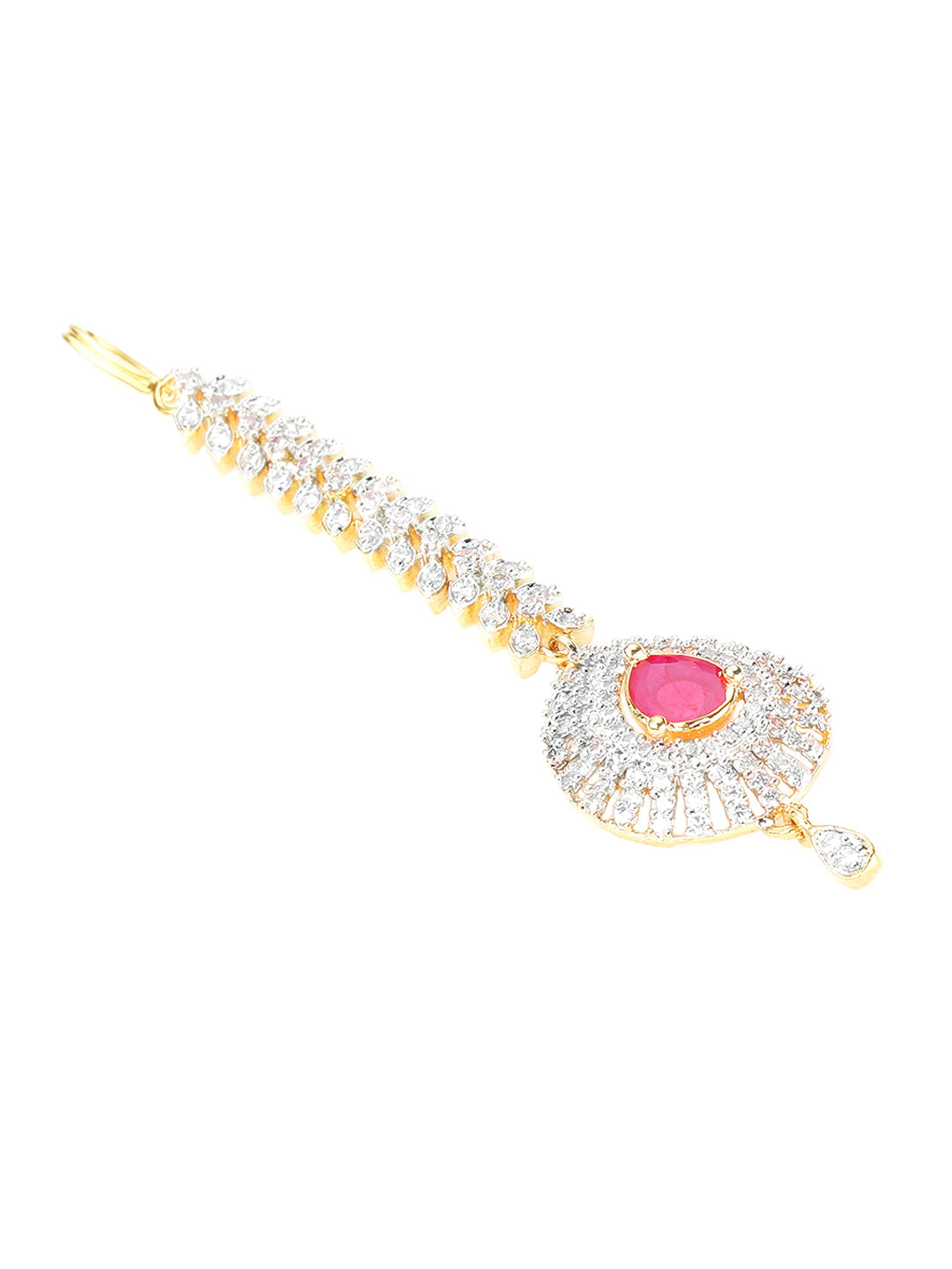 Yellow Chimes Women Gold-Polished American Diamond Pink & White Studded Handcrafted Maang Tikka