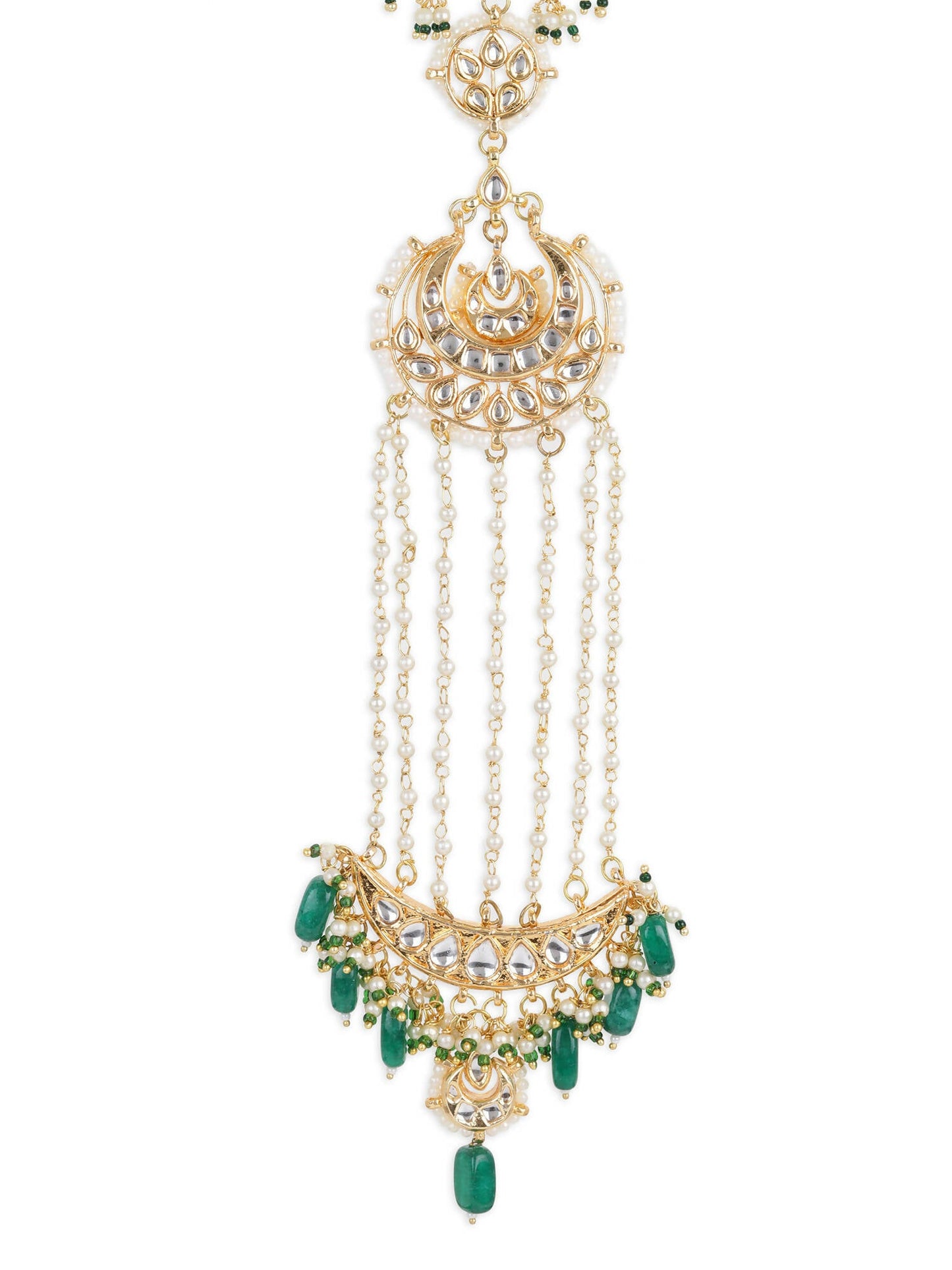 Gold-Polished Green Kundan Stone-Studded Head Chain - Ruby Raang