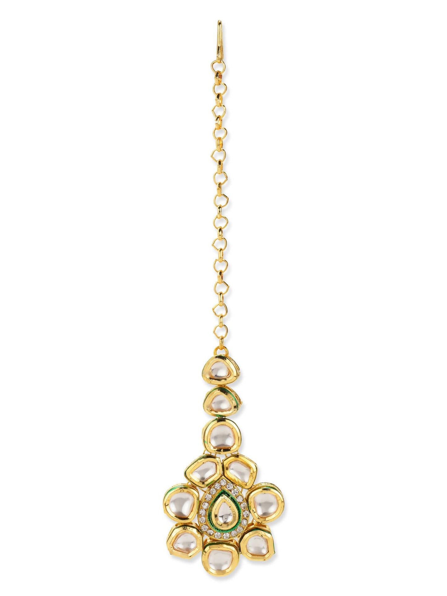 Gold-Polished Maharani Kundan Neckpiece With Earrings And Maang Tikka - Ruby Raang