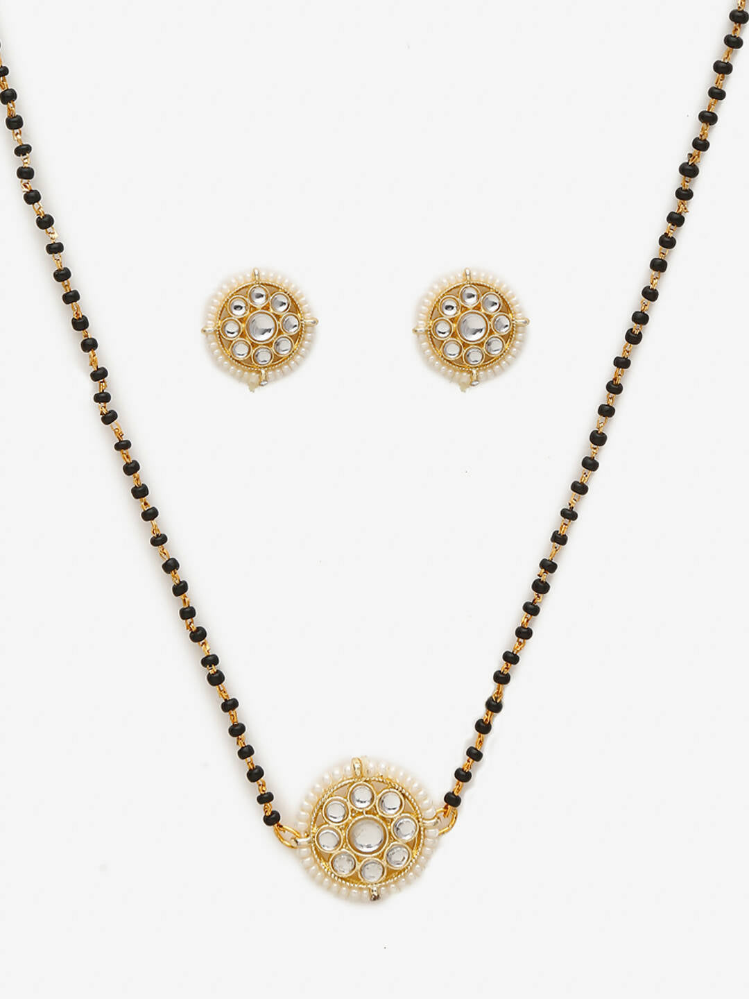 Gold-Polished Black Kundan Beaded Mangalsutra With Studs - Ruby Raang