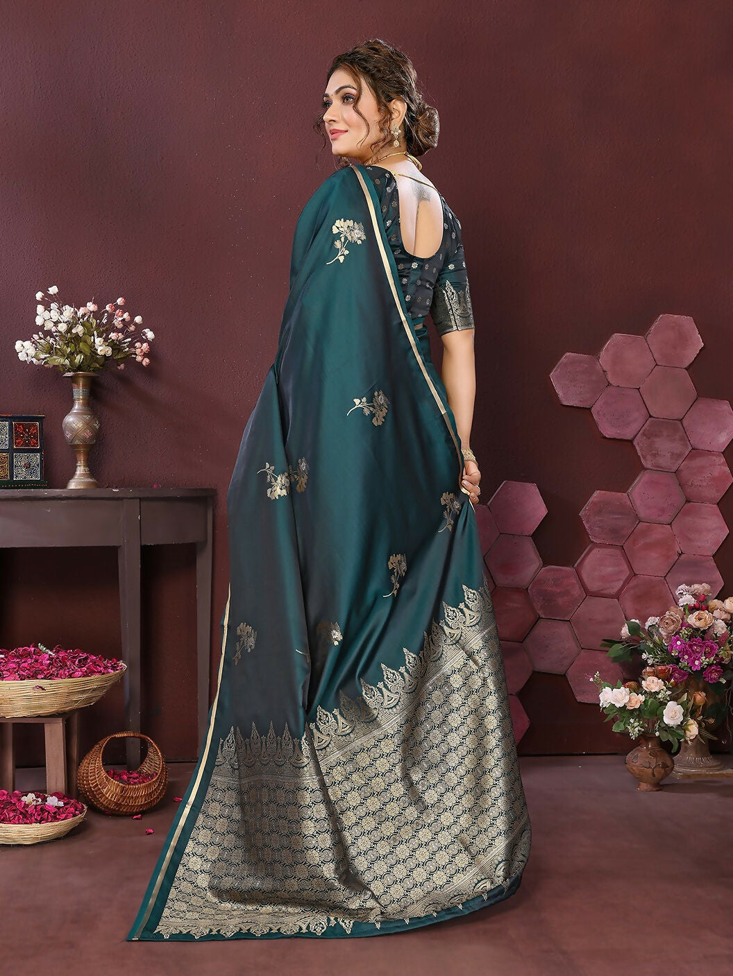 Joban Fashion Teal Floral Banarasi Silk Sarees