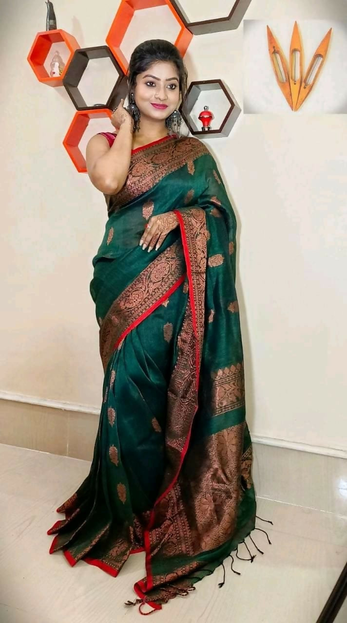 Exclusive Collection Beautiful Linen Banarashi Green Pure Cotton Handloom Saree With Running Blouse Piece