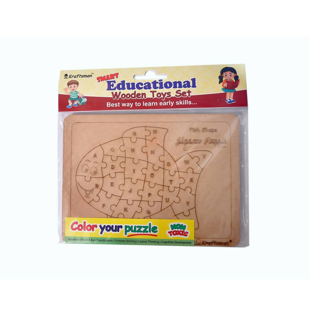 Kraftsman English Alphabets Wooden Jigsaw Puzzles Fish Shape Puzzle | Color Kit Included