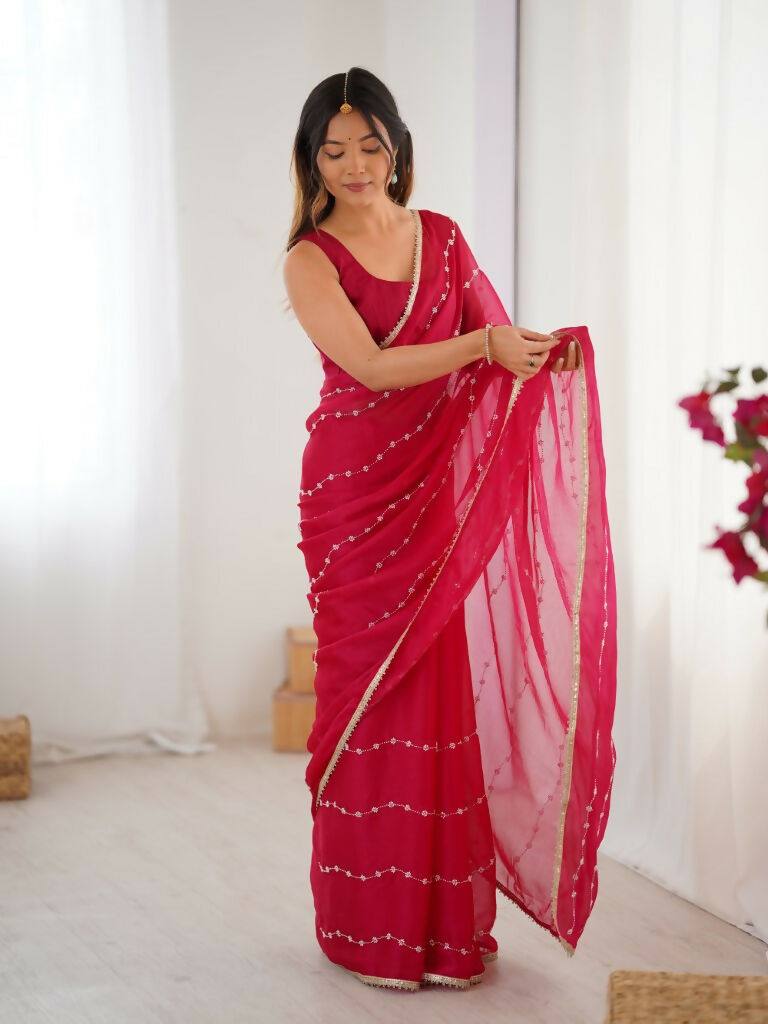 Pink Sitara Chiffon Designer Beads Moti,Val Sequence Work Saree - Noorie