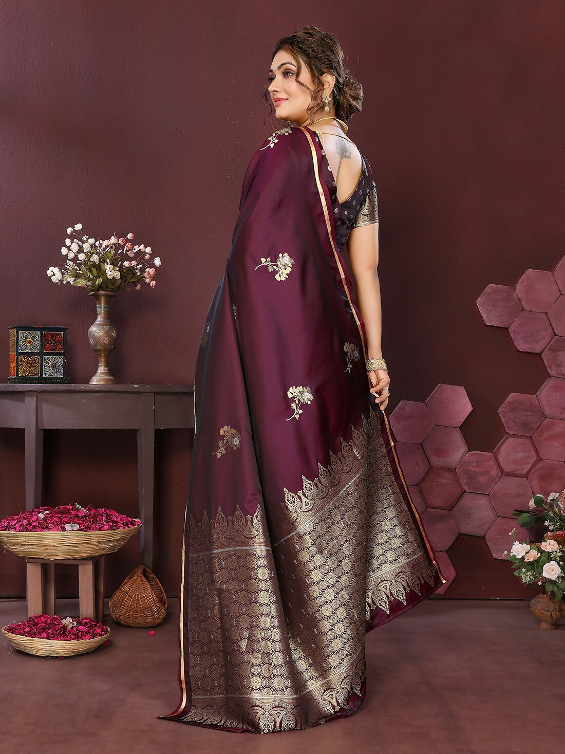 Joban Fashion Wine Floral Banarasi Silk Sarees