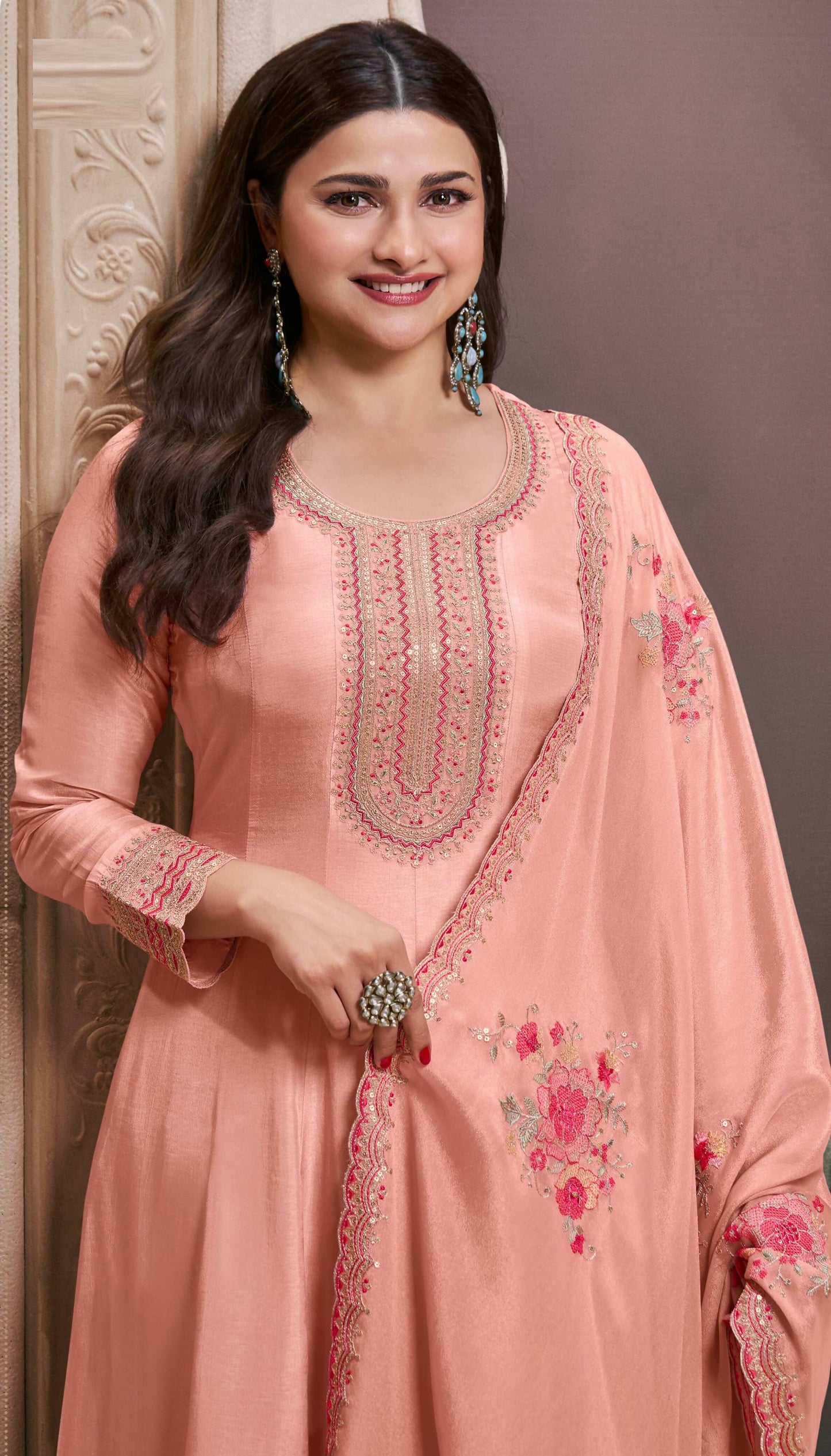 Anaita Peach Embroidered Work Silk Stitched Anarkali suit