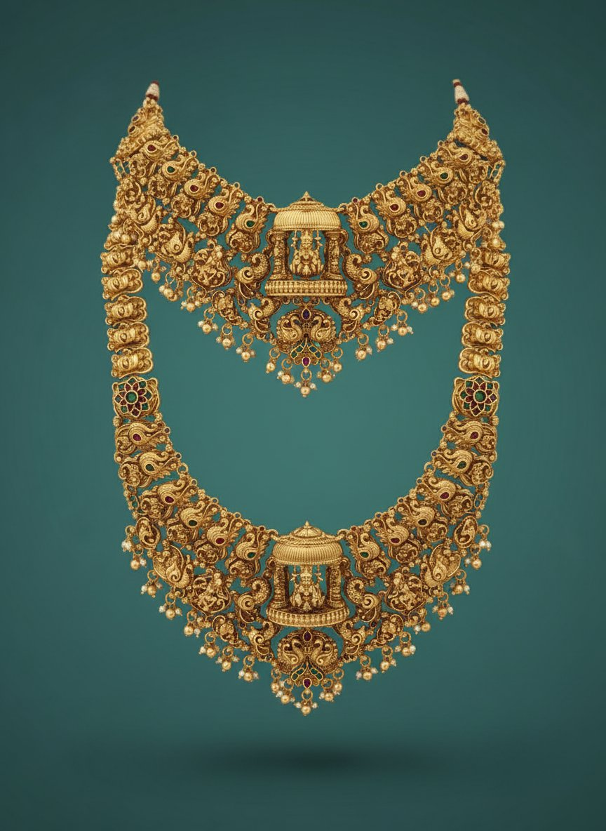 Jewel City Grand South Indian Temple Bridal Necklace Set for Women – Antique Gold-Plated Lakshmi Haram with Choker & Jhumka