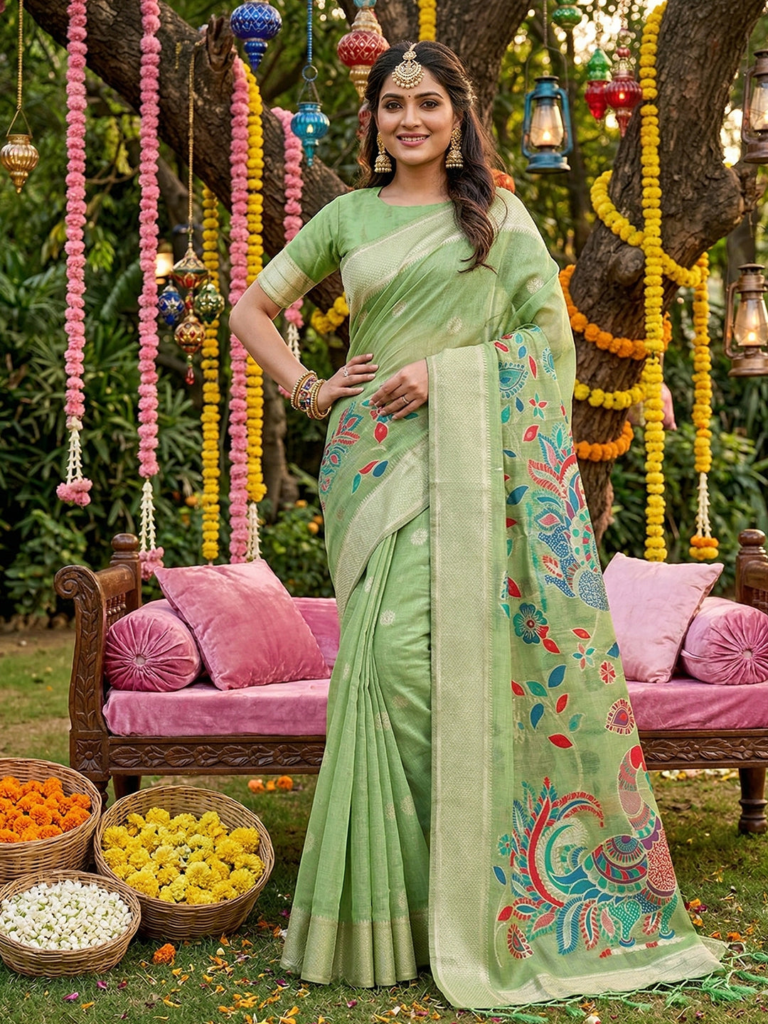 Anaita Green Linen Cotton Woven Saree With Blouse