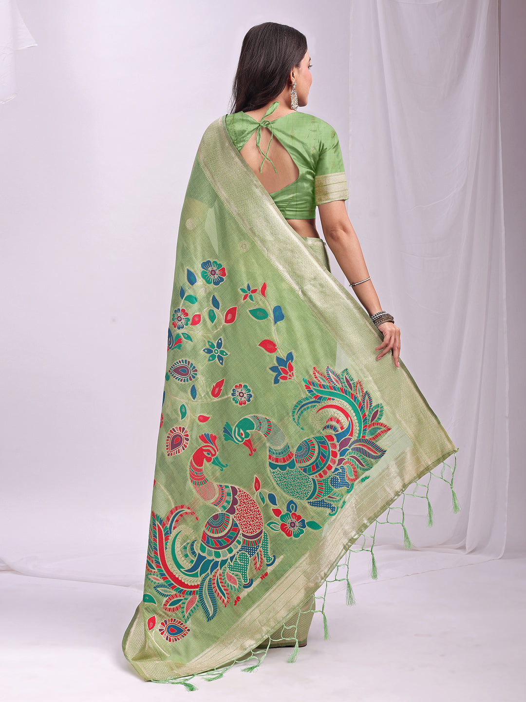 Anaita Green Linen Cotton Woven Saree With Blouse