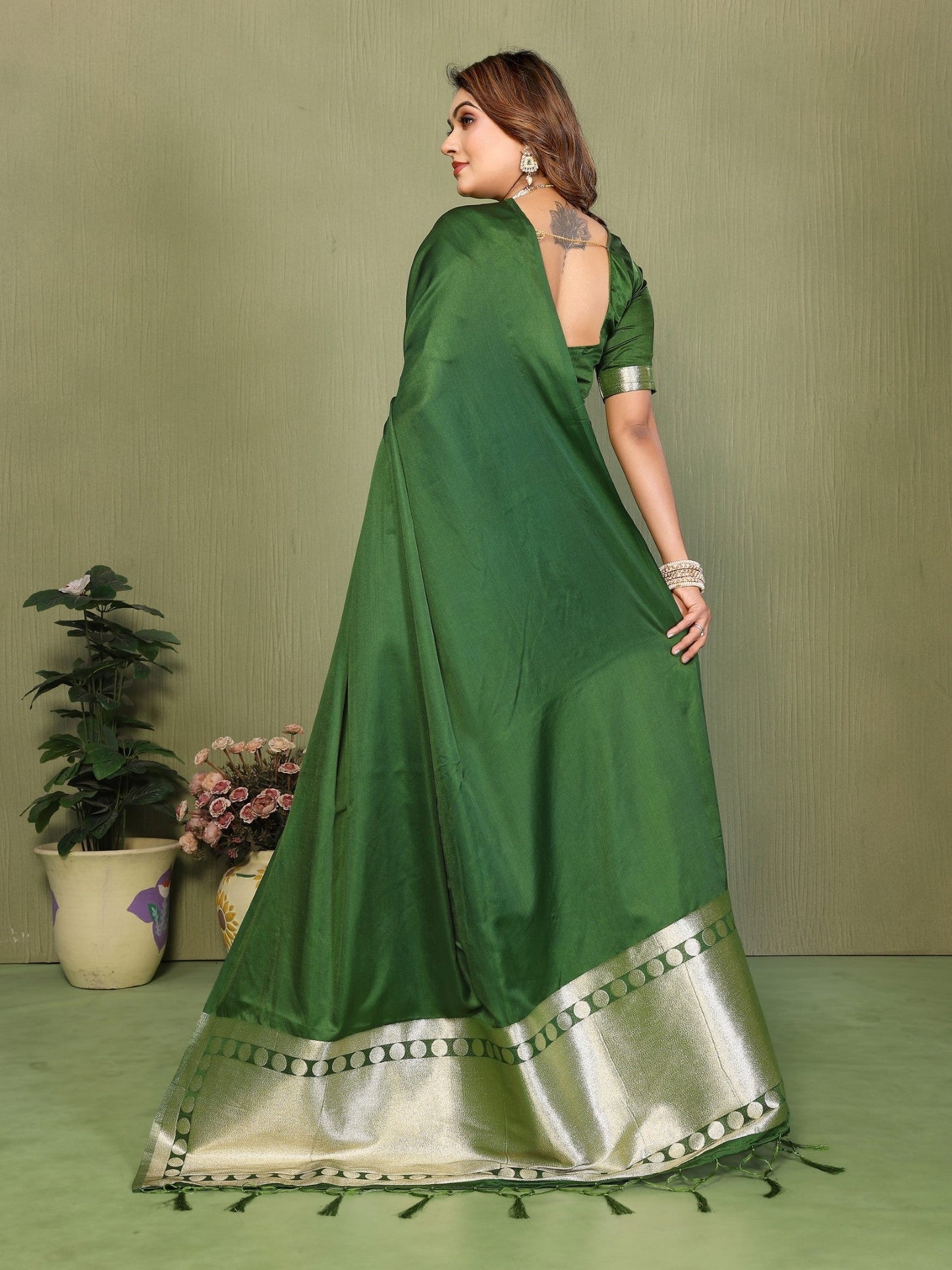 Anaita Green Zari Weaving Work Satin Silk Saree With Blouse