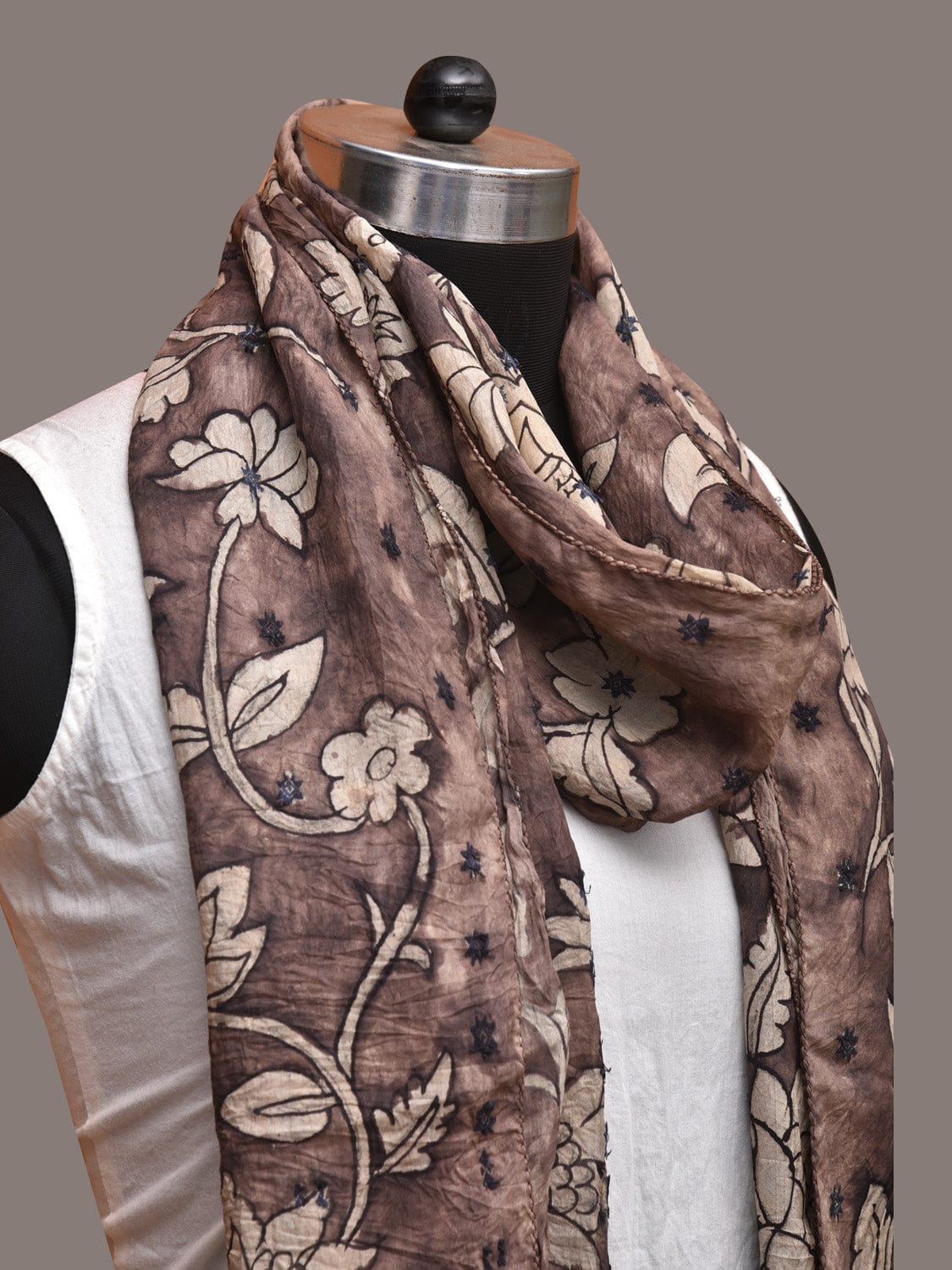Grey Kalamkari Hand Painted Cotton Silk Stole with Floral Design - Global Threads