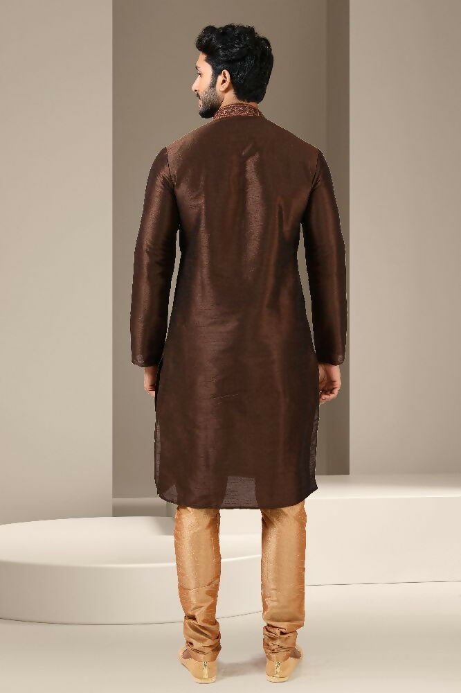 Raivat Ethnic Banarasi Art Silk Mirror Work Kurta Pajama In Brown Colour
