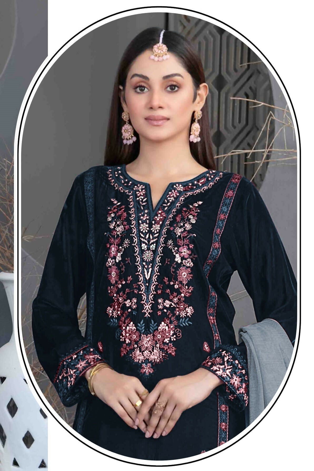 Anaita Navy Blue Velvet Suit with Embroidery Sequence Work