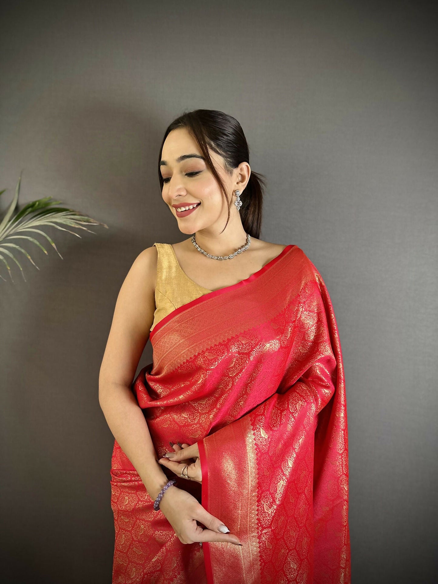 Joban Fashion Red Paisley & Floral Soft Satin Silk Banarasi Silk Saree