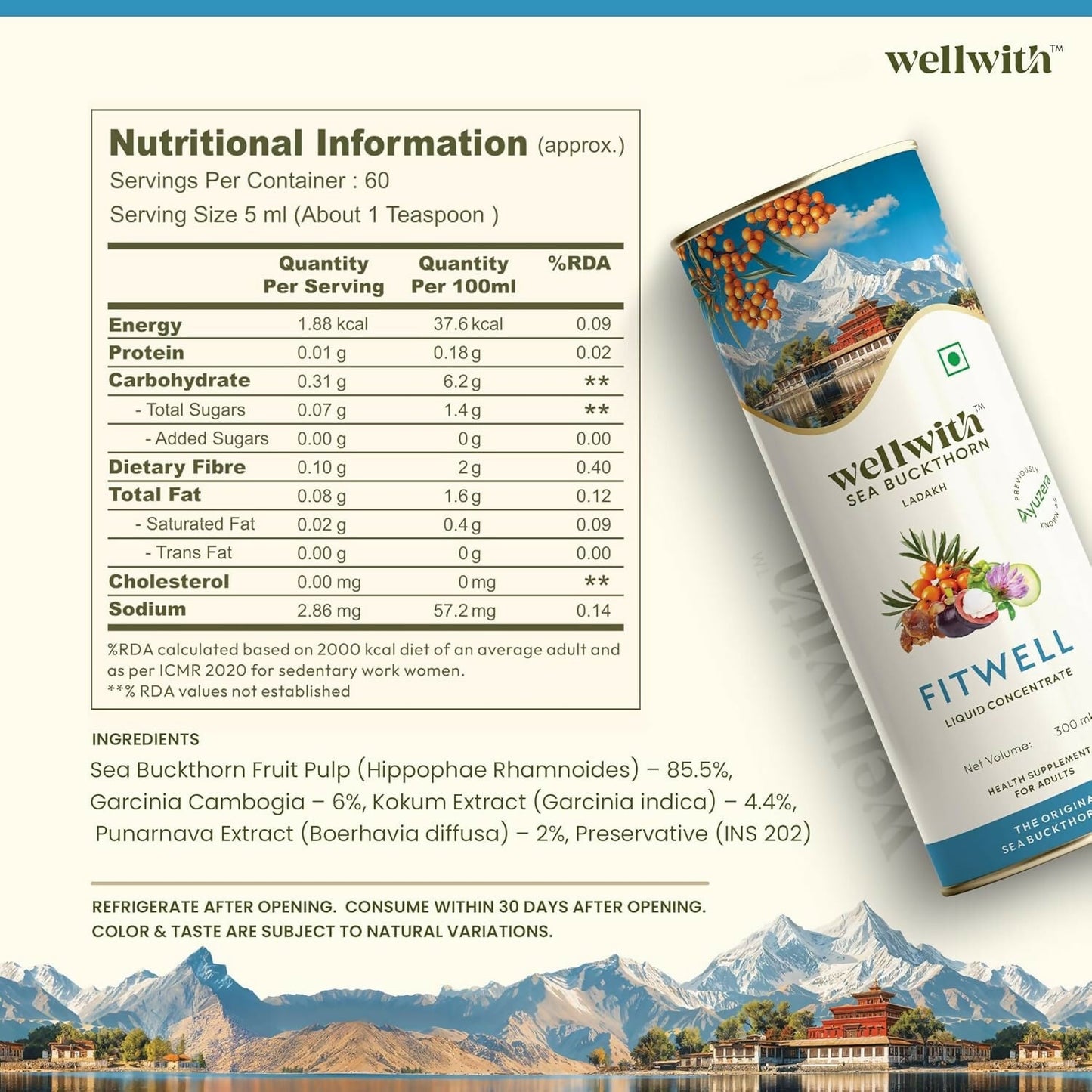 Wellwith Fitwell Juice – Himalayan Sea Buckthorn + Garcinia, Kokum & Punarnava