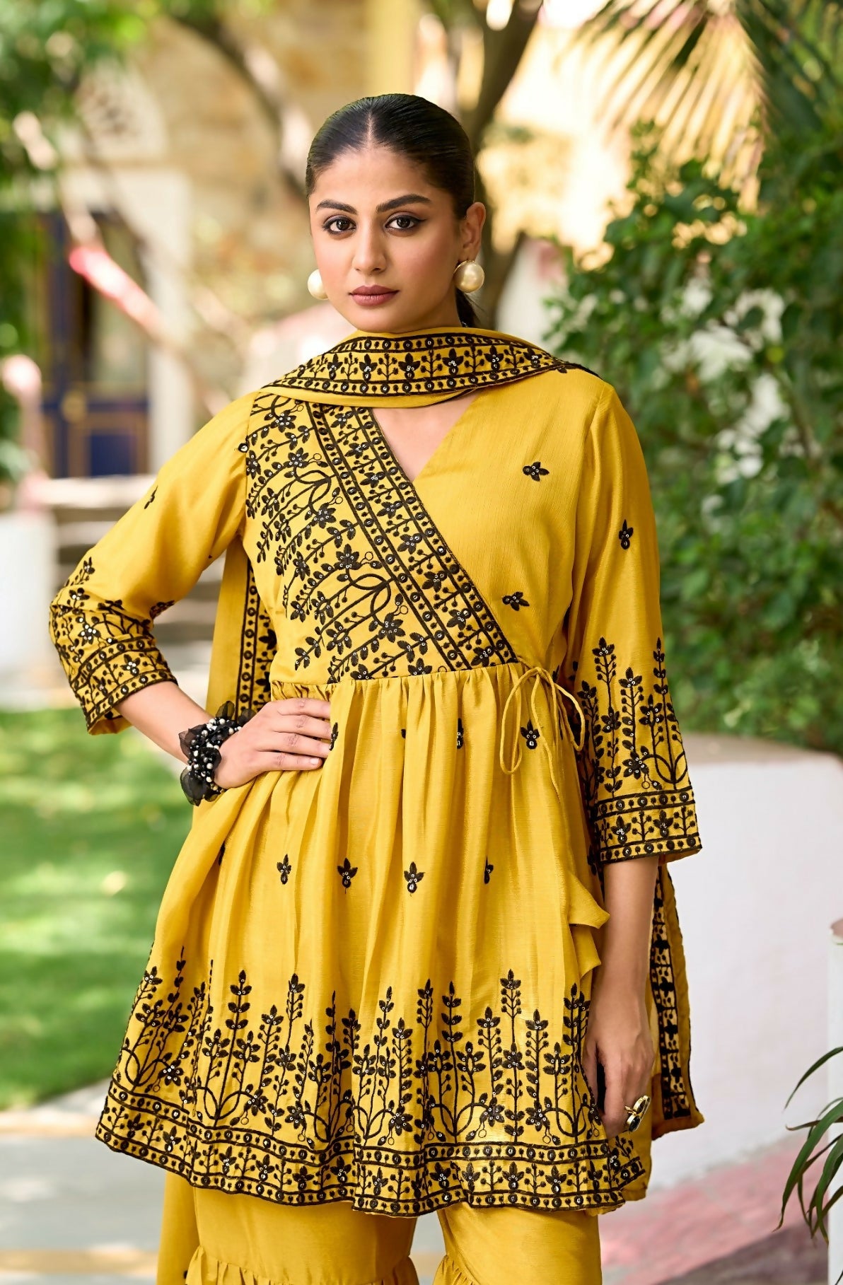 Anaita Yellow Chinon Readymade Sharara Suit with Embroidery Work