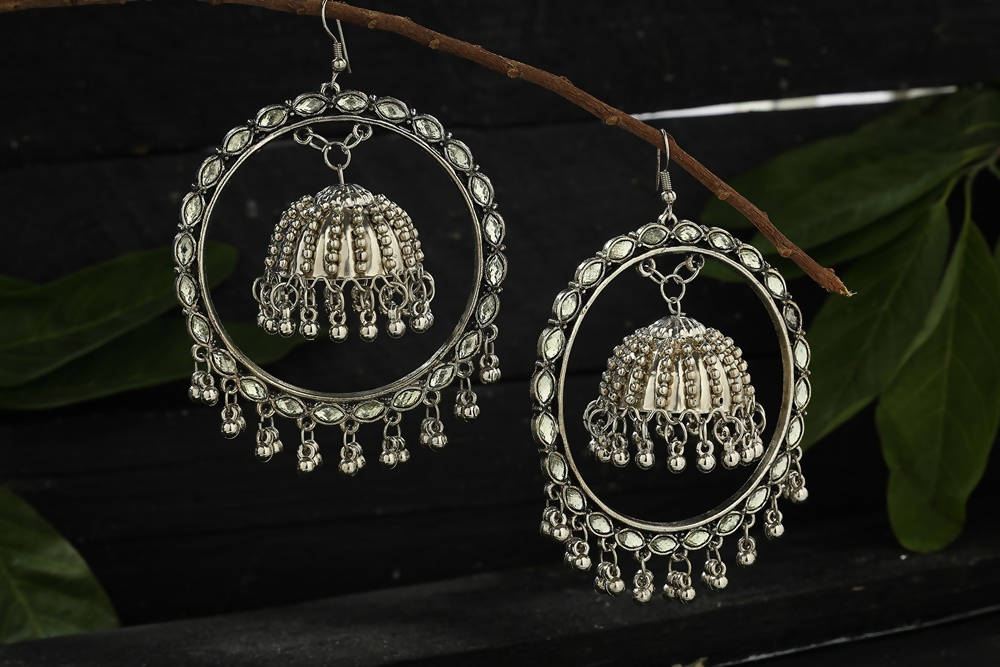 Mominos Fashion Johar Kamal Silver Earrings With Kundan Work Jhumkas