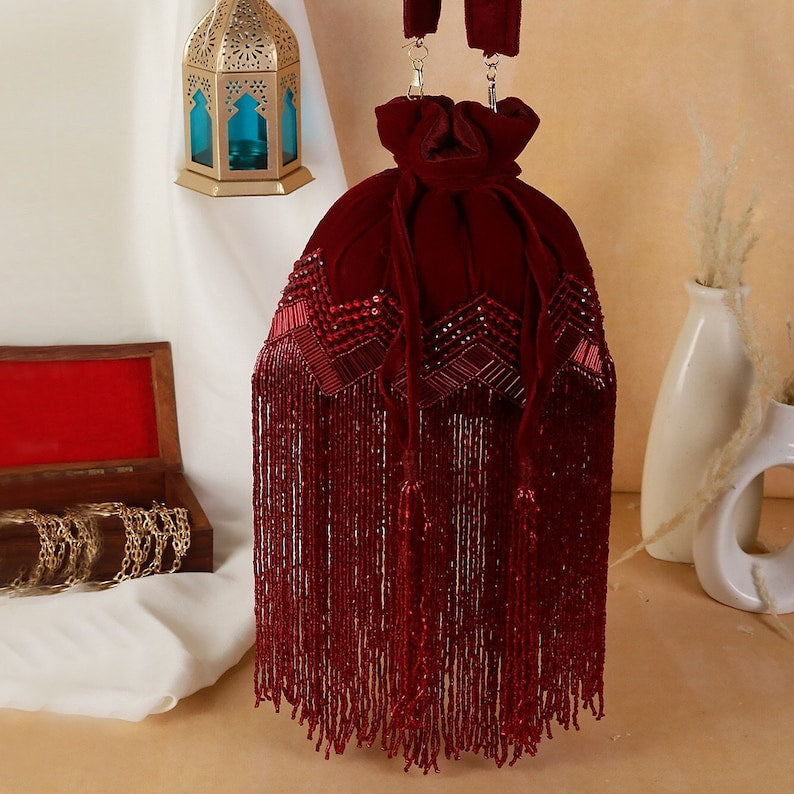 Designer Maroon Tassel Potli Bag