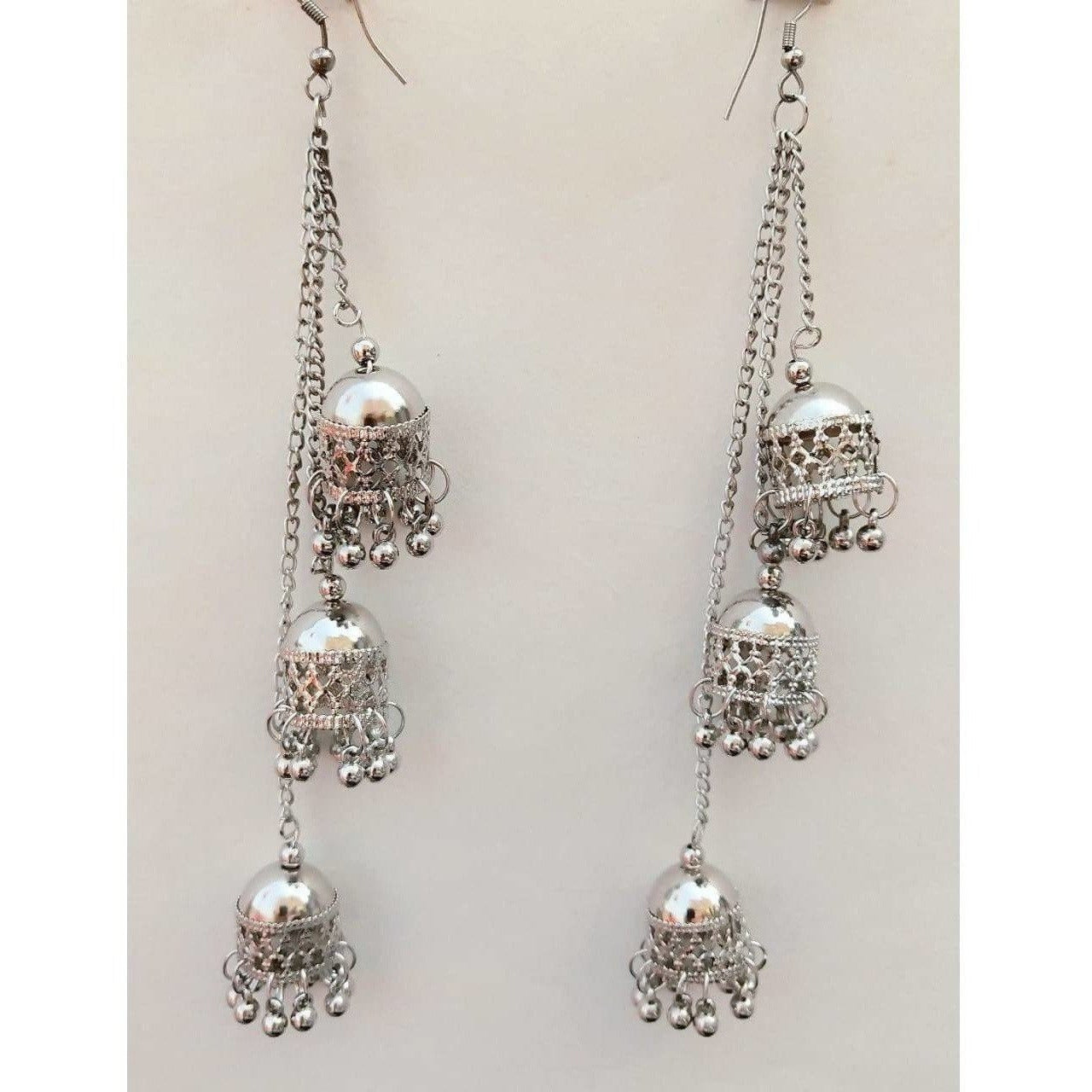 MS Fashion India Silver Oxidized Kashmiri Hanging Triple Jhumkas Chain Earrings For Parties