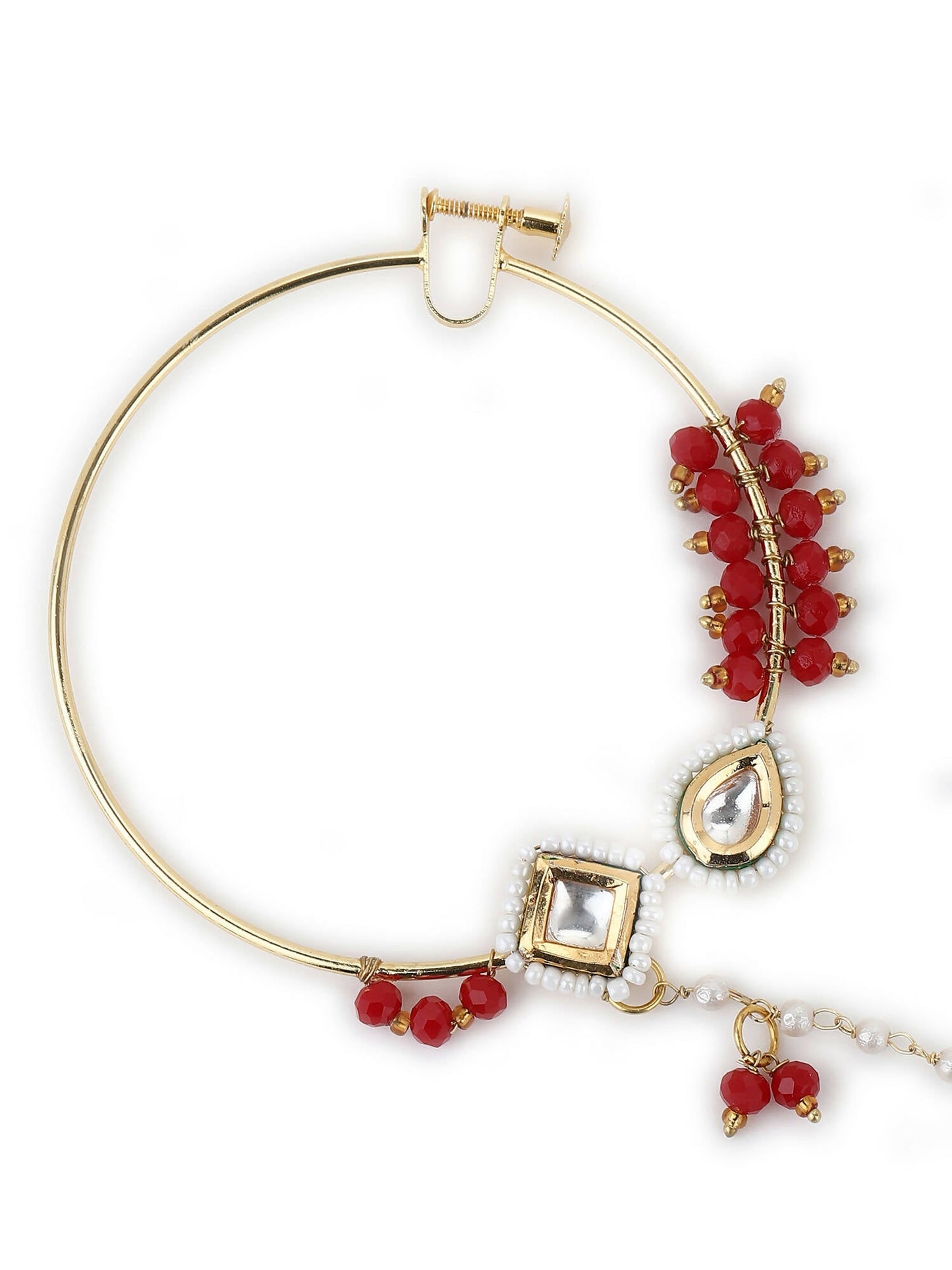 Gold-Polished White Red Stone-Studded Pearl Beaded Nosepin - Ruby Raang