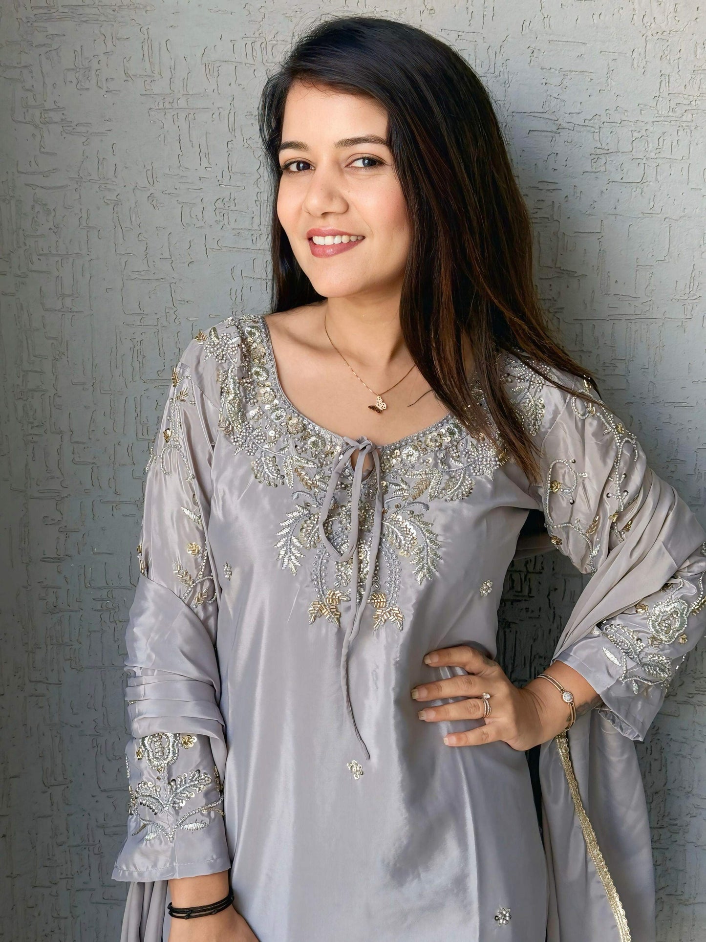Anaita Grey Crape Readymade Kurti Set with Beads Sequence Work