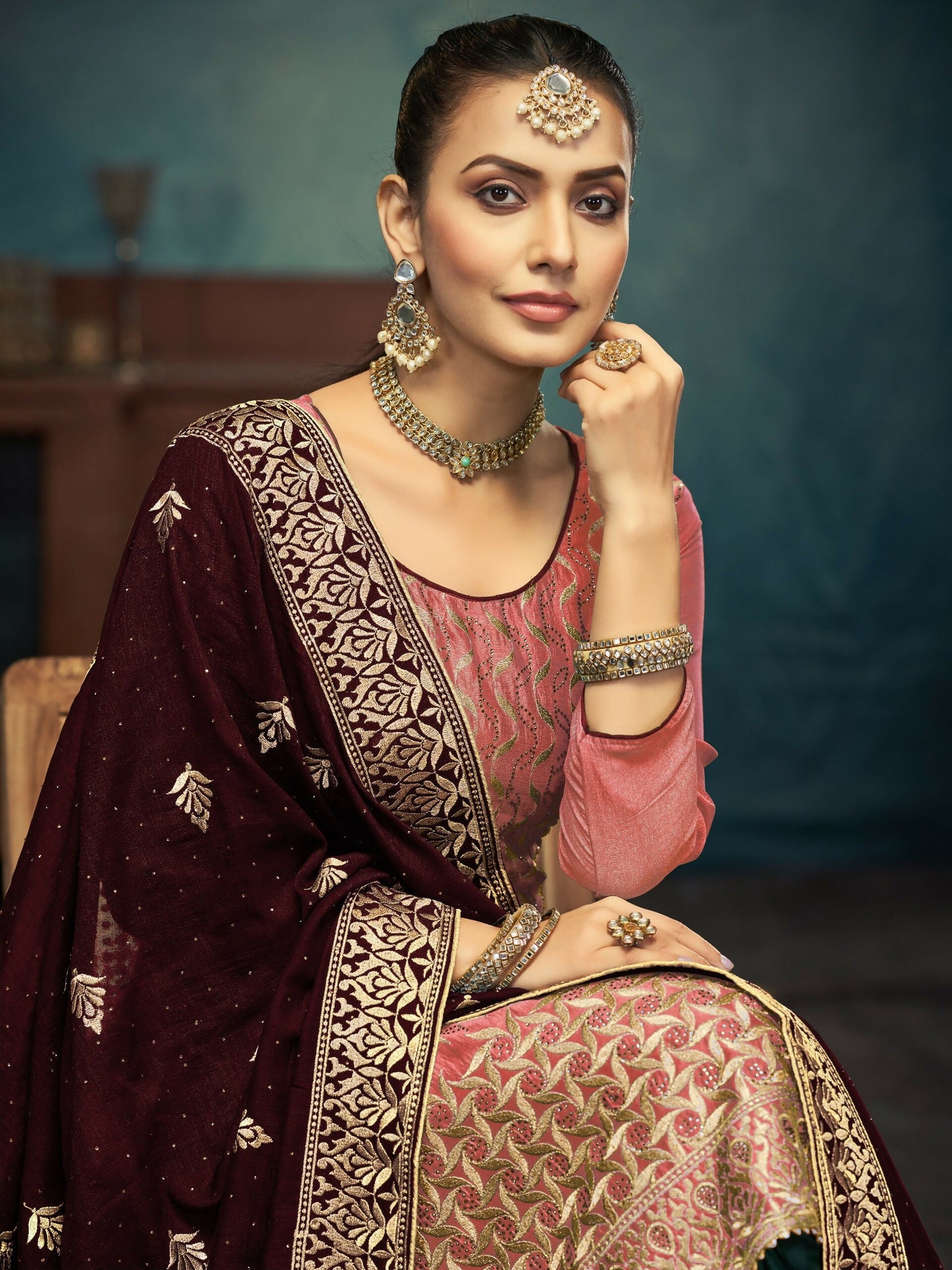 Anaita Peach Premium Embroidered with servos waki diamond Vichitra Silk Stitched Salwar Suit