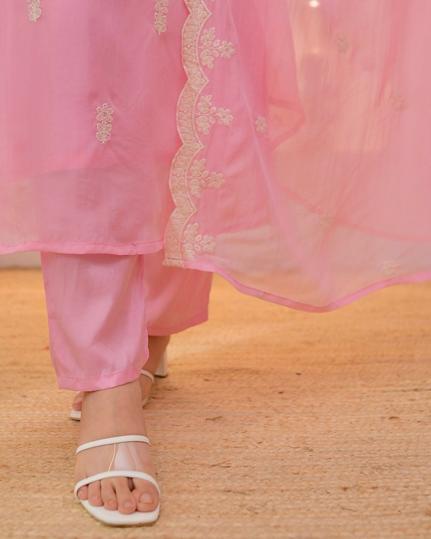 The52 Pink Women's Beautiful Chikankari Work Chanderi Fabric Straight Kurta Pant and Dupatta Set
