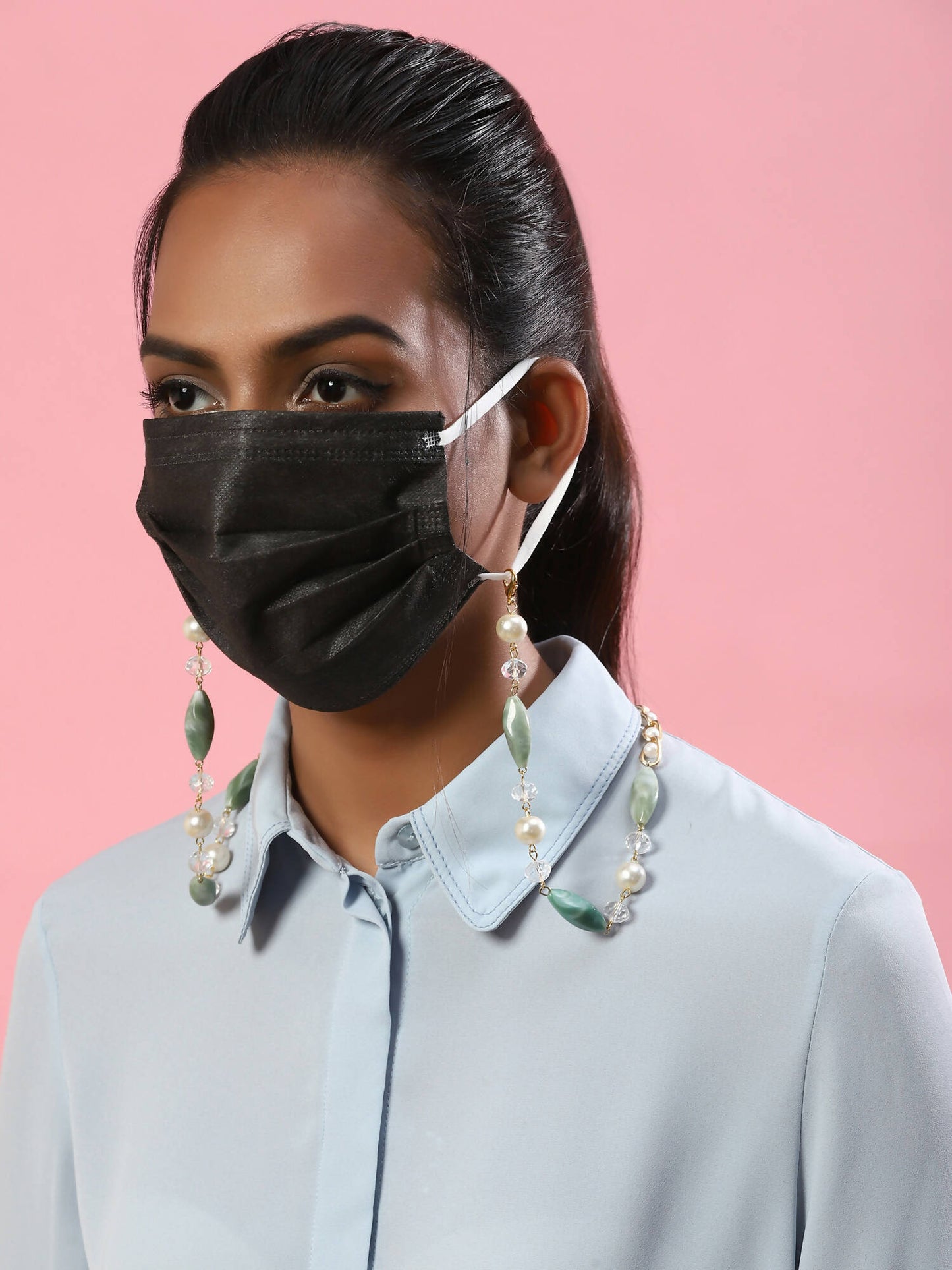 Gold-Toned Green Beaded Mask Chain - Ruby Raang