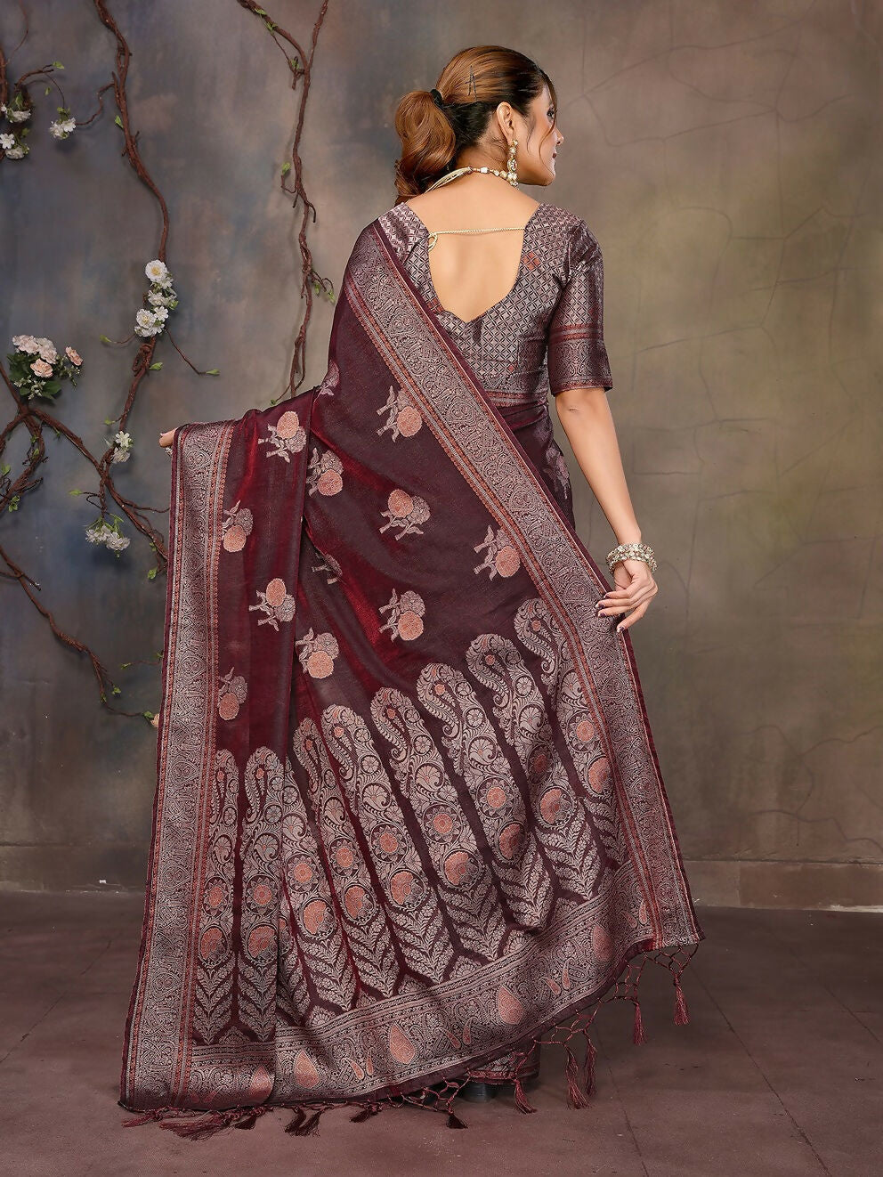 Joban Fashion Wine Woven Jacquard Banarasi Silk Sarees