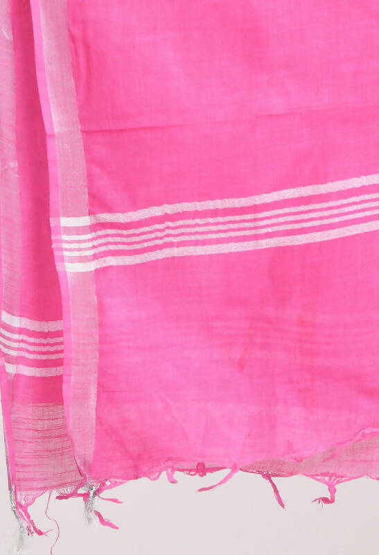 Mominos Fashion Moeza Women's Linen Cotton Silver Border Dark Pink Dupatta