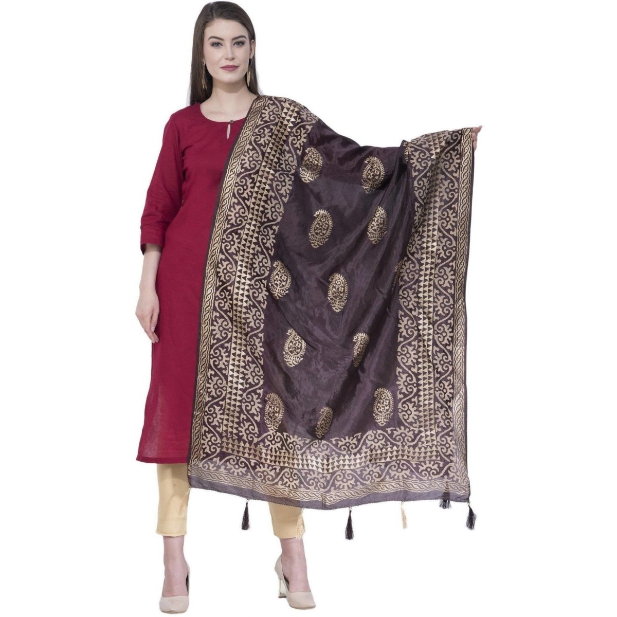 A R Silk Women's Gold Print Silk Black Dupattas and Chunnis