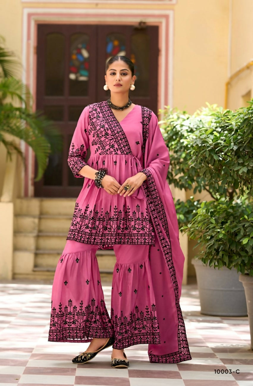 Anaita Rani Pink Chinon Readymade Sharara Suit with Embroidery Work