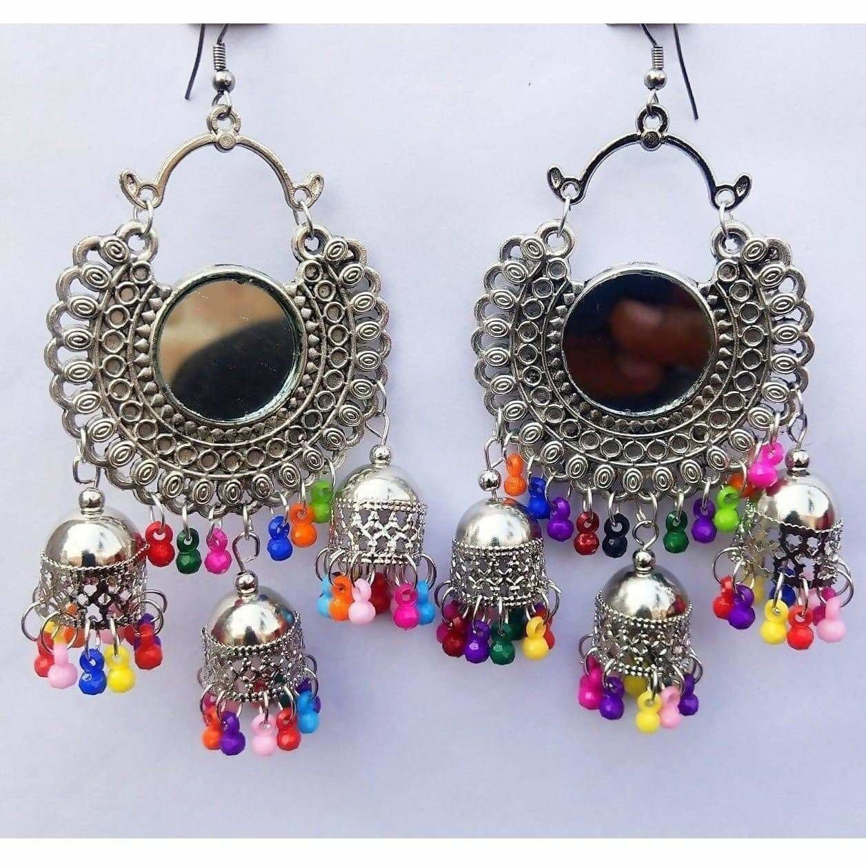 MS Fashion India Silver Oxidized Mirror Hanging Triple Jhumka Multi Color Pearls Afghani Antique Earrings