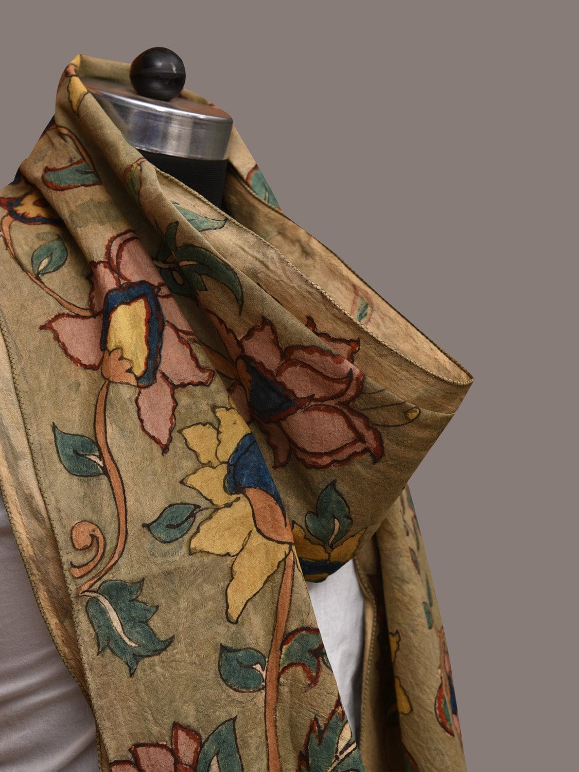Light Green Kalamkari Hand Painted Sico Stole with Floral Design - Global Threads