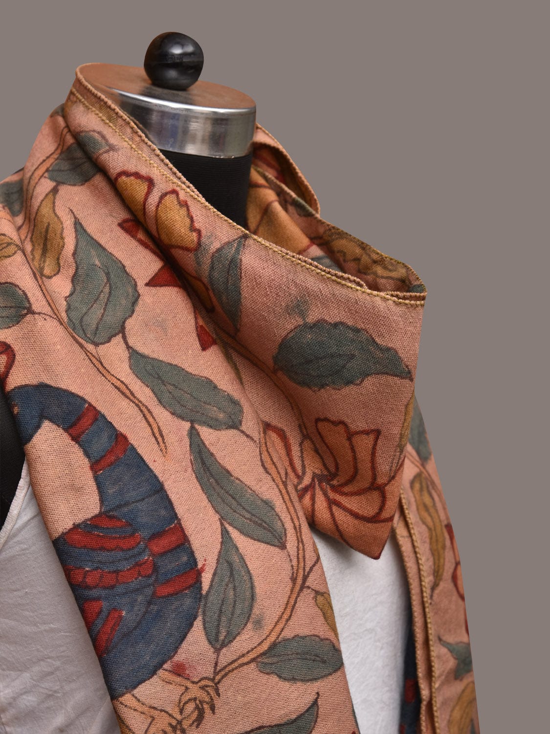 Light Peach Kalamkari Hand Painted Woolen Handloom Stole with Floral and Peacocks Design - Global Threads