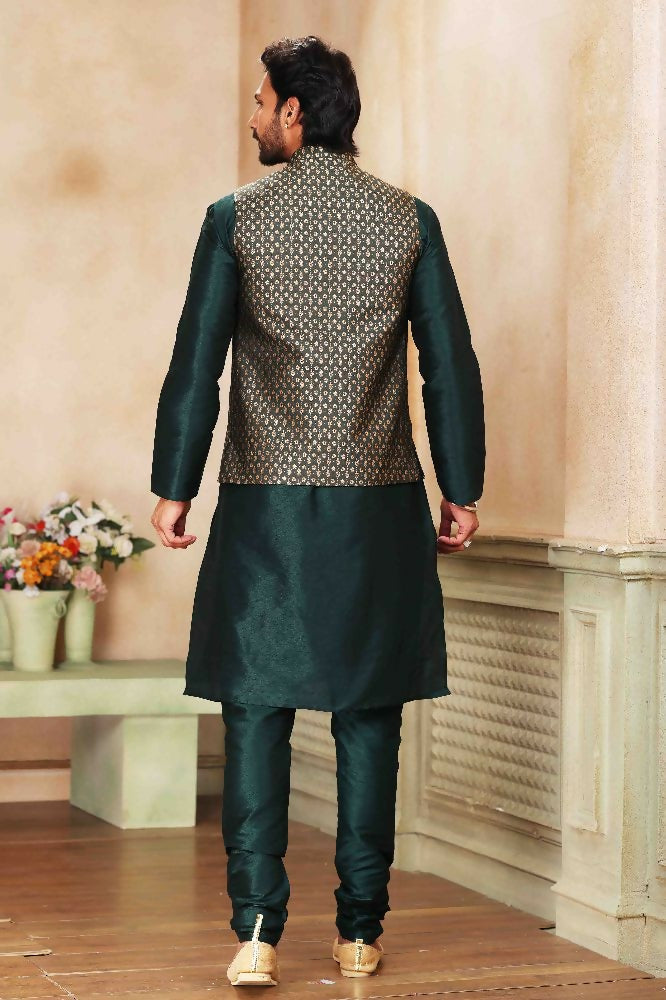 Raivat Ethnic Jacquard Banarasi Silk Woven Work 3 Pics Jacket Set In Green Colour