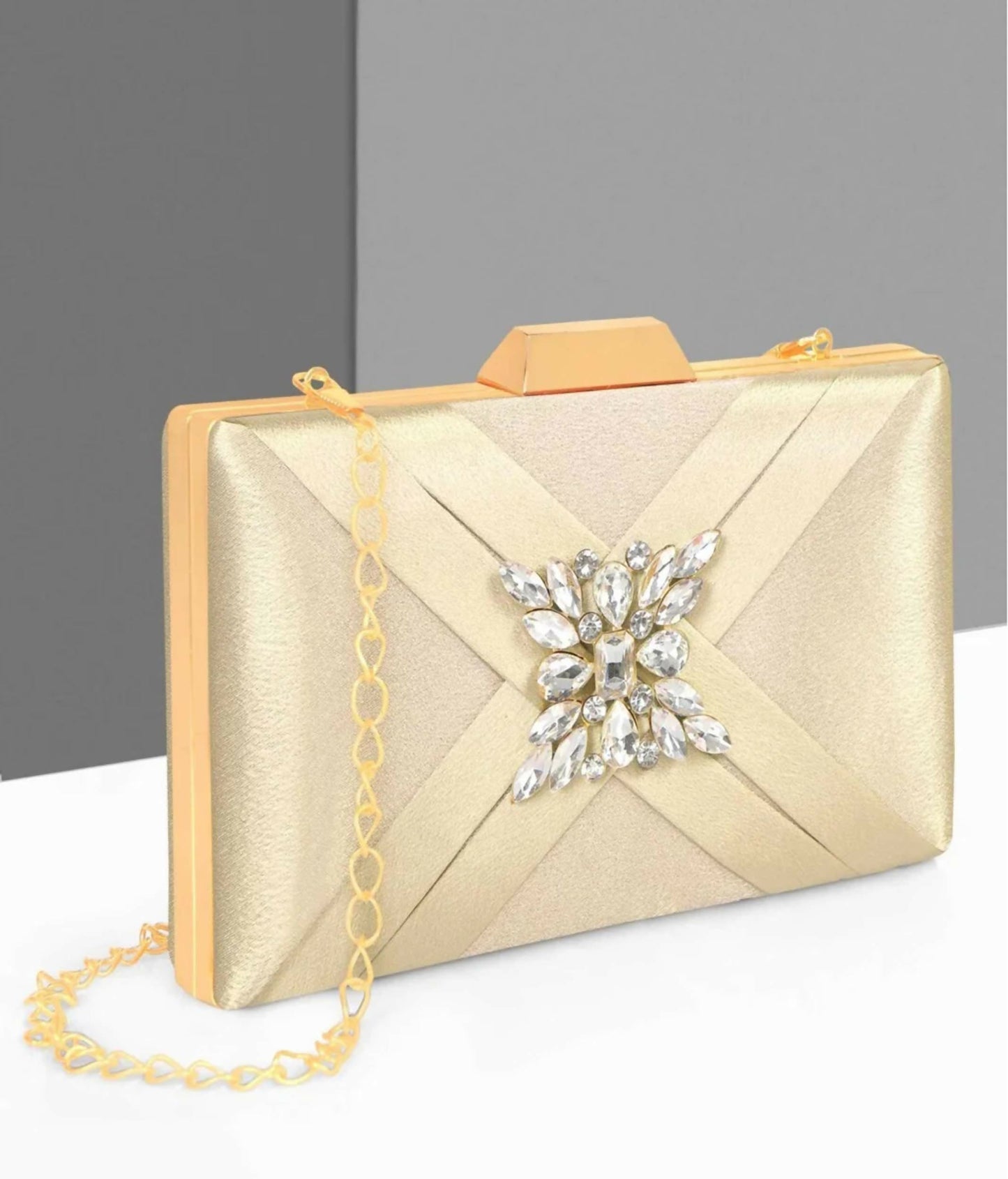 Joban Fashion Luxurious Satin Evening Clutch With Detachable Chain Strap - Golden