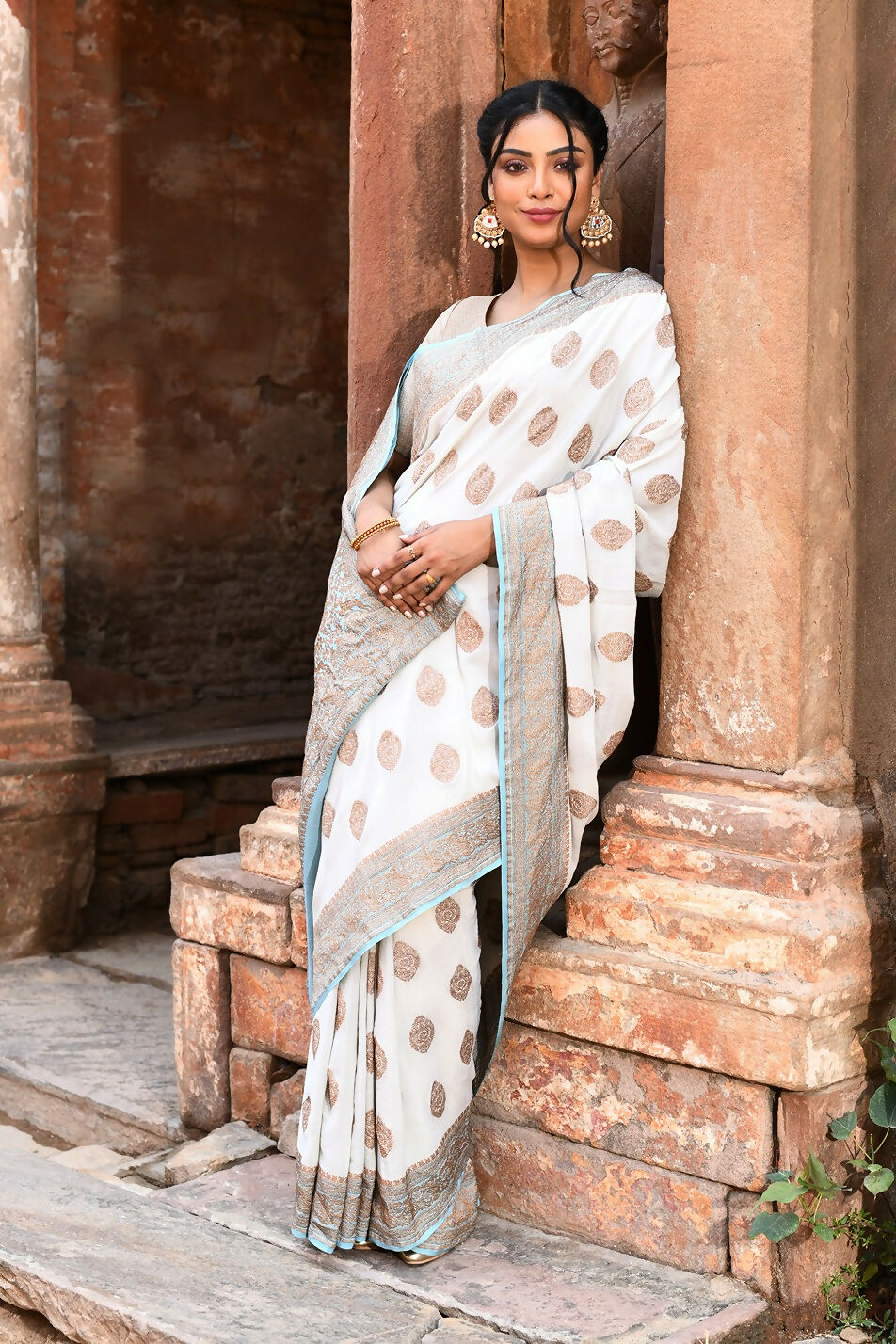 Joban Fashion Light Sky Blue Crepe Chiffon Pure Handloom Banarasi Silk Saree