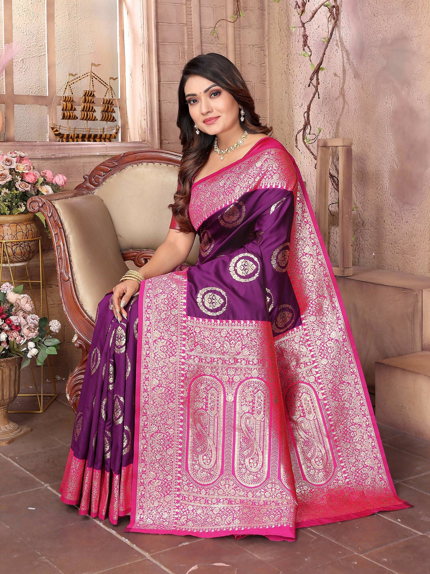 Joban Fashion Purple Banarasi Soft Silk Woven Saree