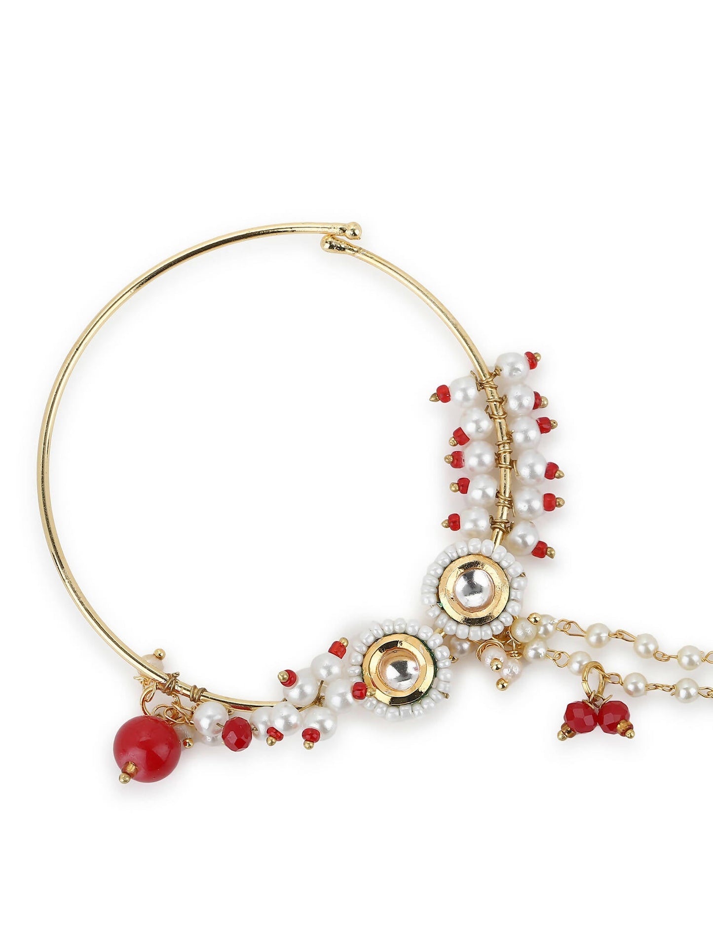 Gold-Polished White Red Kundan Studded Beaded Chained Nose Ring - Ruby Raang